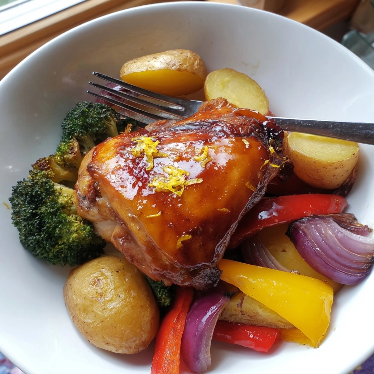 Golden honey lemon roasted chicken sheet pan surrounded by colorful, caramelized vegetables fresh from the oven.