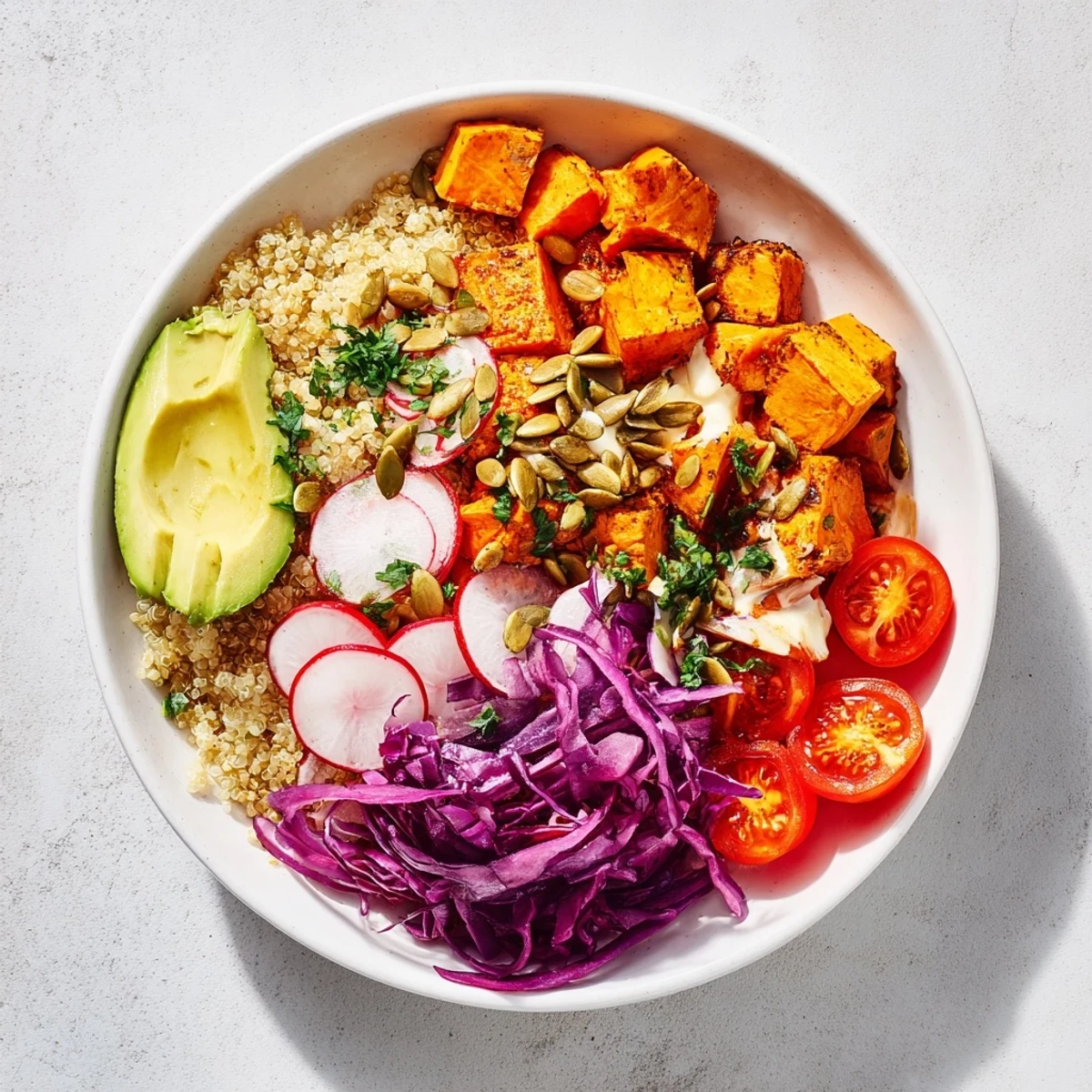 Complete Veggie Bowl with quinoa, sweet potatoes and tahini vinaigrette, a colorful and healthy meal.