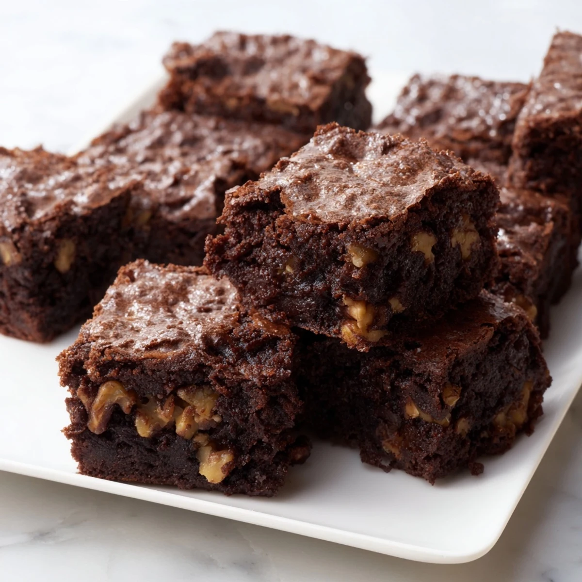 Fudgy walnut brownies in a baking pan: warm, rich brownies speckled with walnuts, ready to serve.
