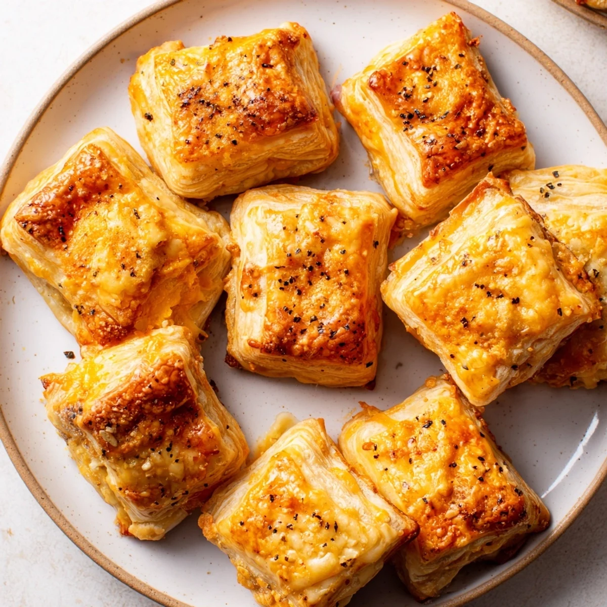 Golden, flaky cheese and spice puff pastry bites, perfect for enjoying as an appetizer at any party.