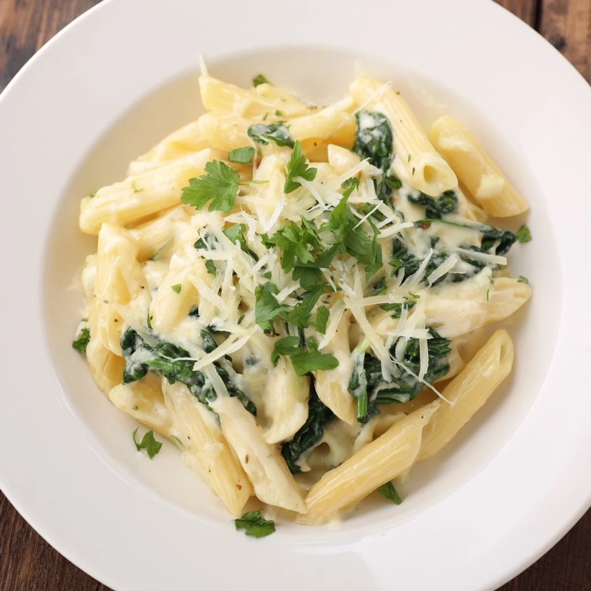 Close-up of The Magic Casserole: Creamy Spinach Pasta, bubbling hot with melted cheese and herbs.