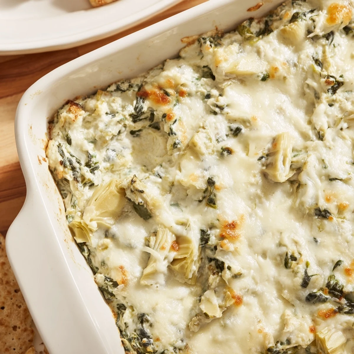 Golden, bubbly Warm Spinach and Artichoke Dip, ready to be scooped up with toasted baguette slices.