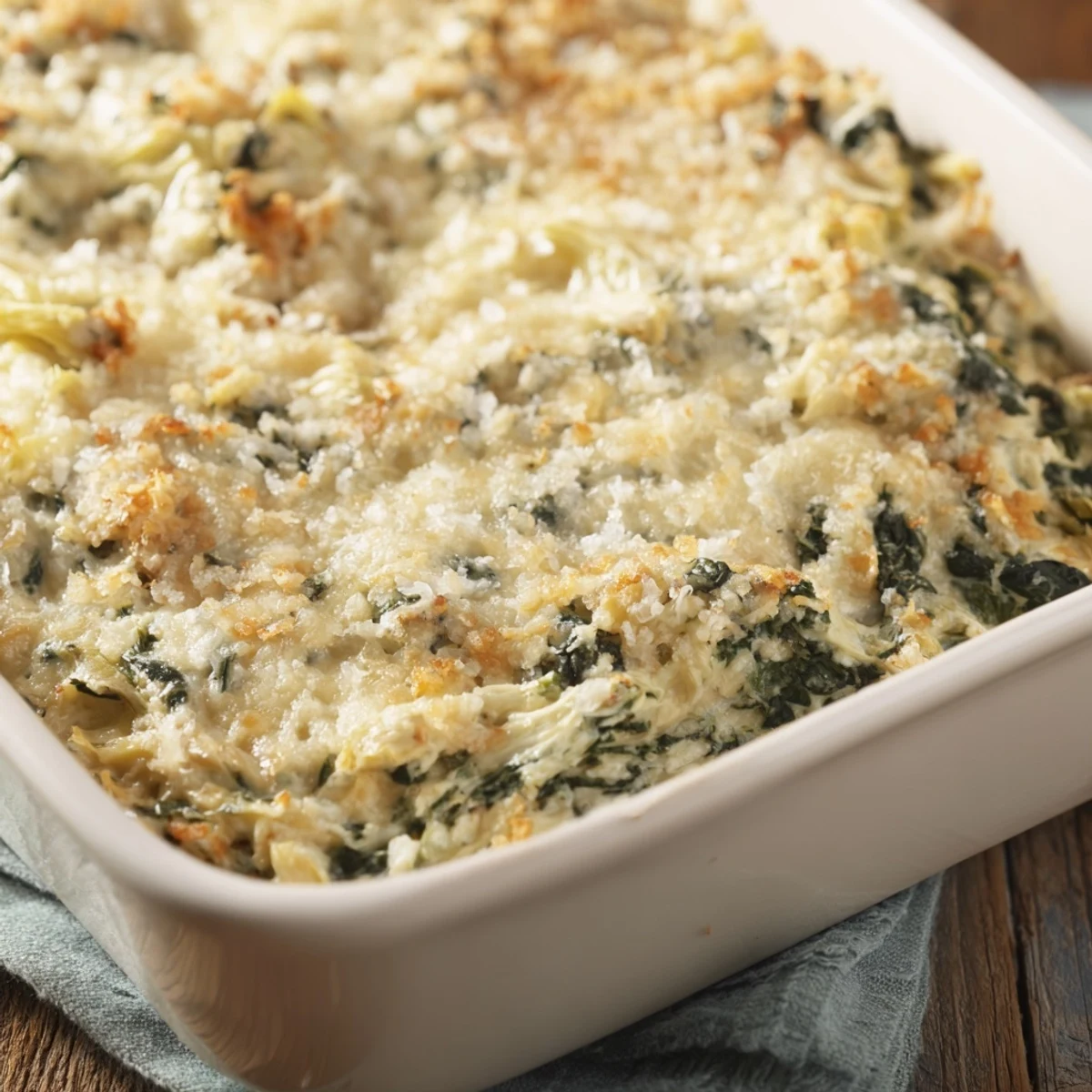 A warm, creamy bowl of Warm Spinach and Artichoke Dip, perfect for a cozy gathering of friends.