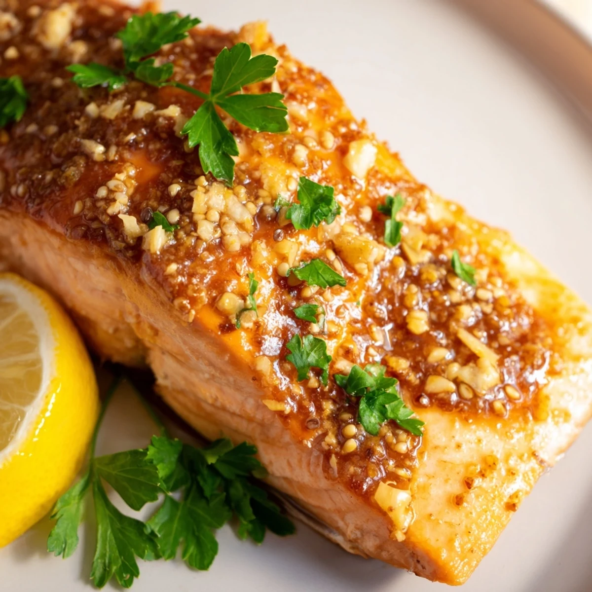 Golden-brown Honey Mustard Glazed Salmon, flaky and tender, ready for a delicious dinner.