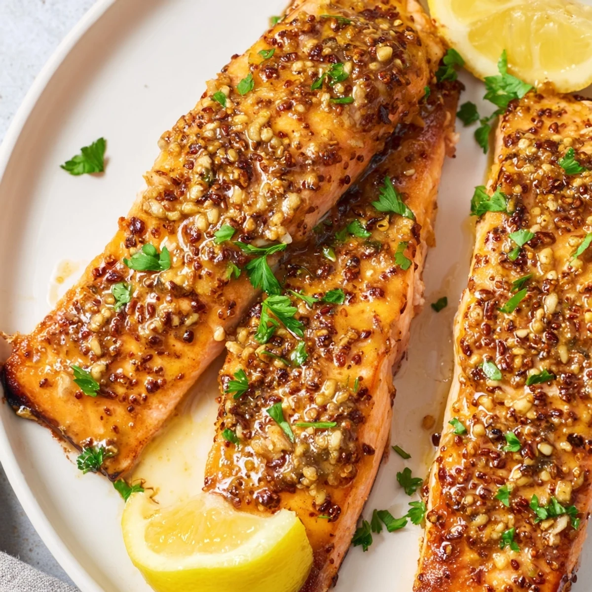 Perfectly broiled Honey Mustard Glazed Salmon, served with fresh parsley and lemon wedges nearby.