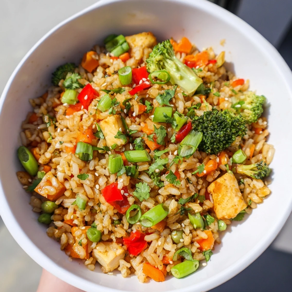 Golden, crispy Crispy Vegetable Fried Rice Bowls studded with colorful veggies, ready for a comforting meal.