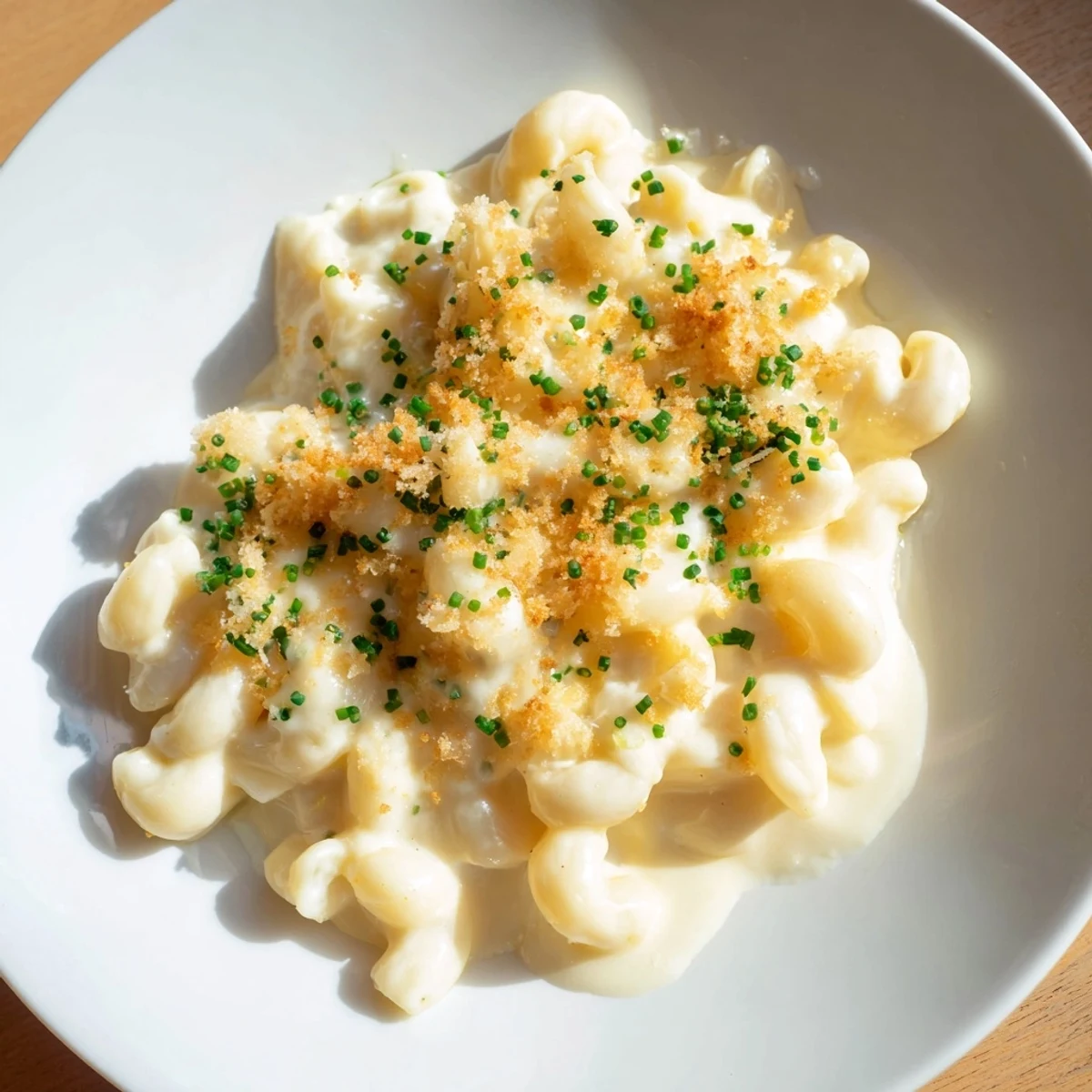 Steaming golden comfort food: creamy stove-top mac and cheese, ready for serving with chives.