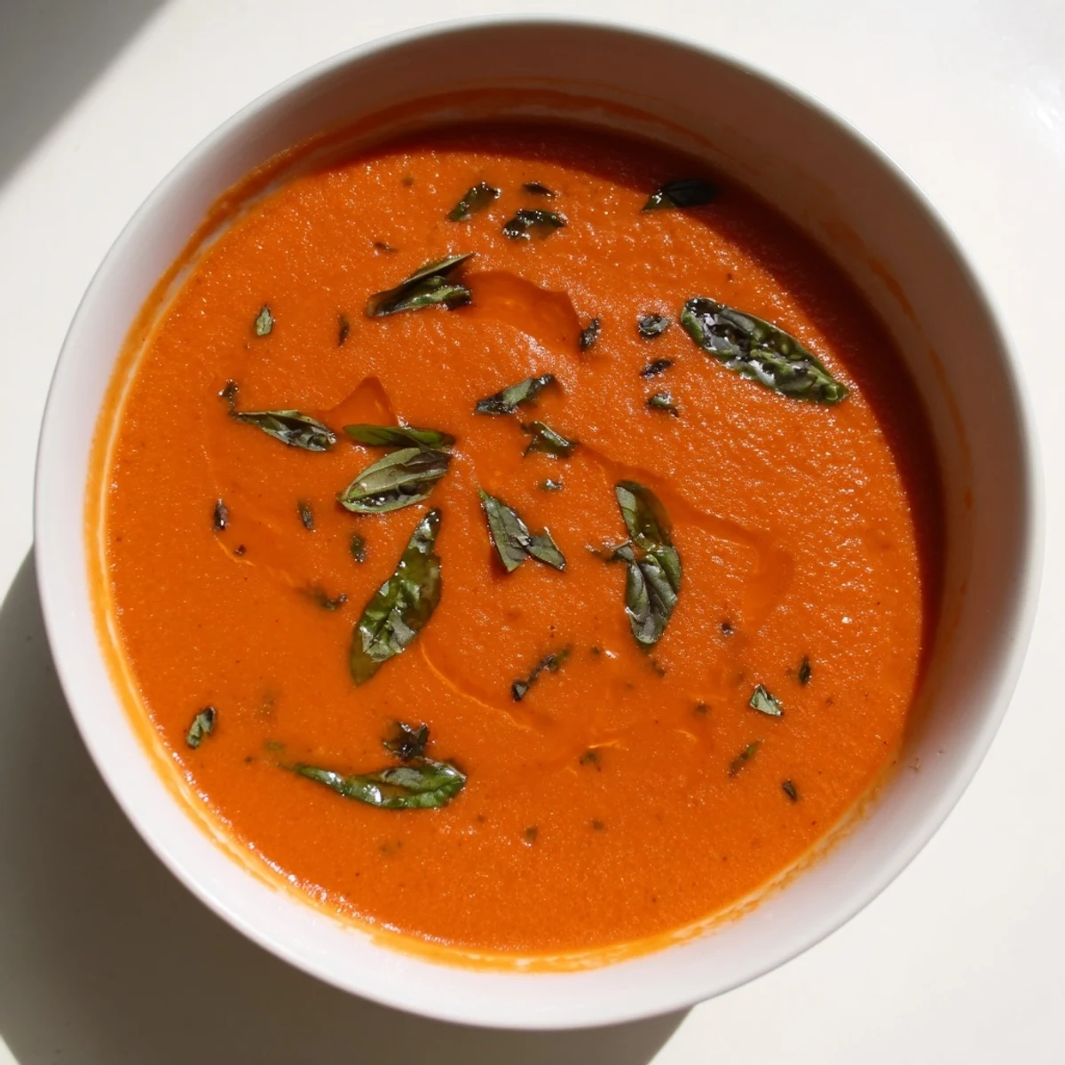 Enjoy a steaming bowl of Comfort Soup: vibrant red tomato and basil soup perfect for a chilly day.