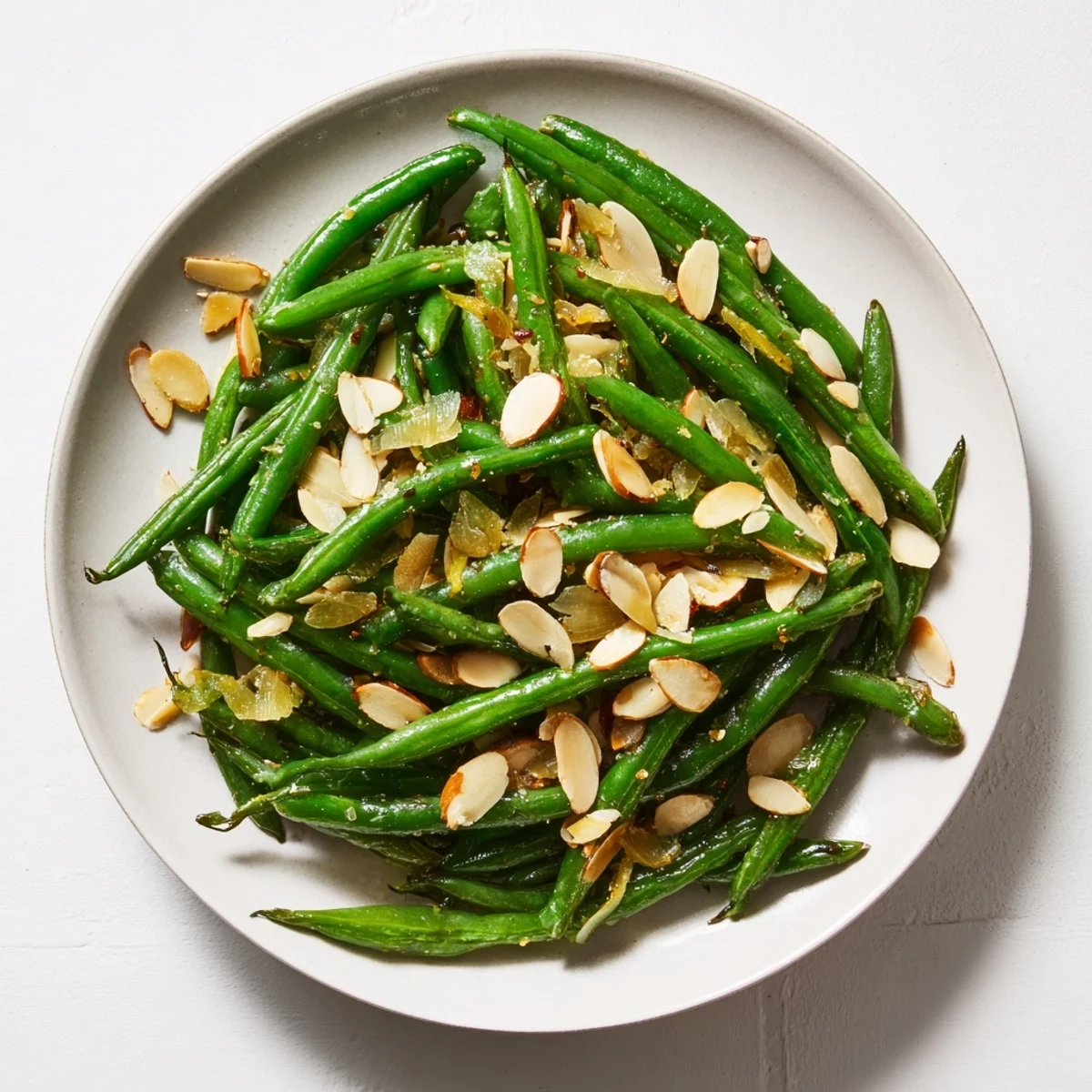 Vibrant sautéed green beans with garlic and almonds: a delicious, crispy side dish ready to enjoy.