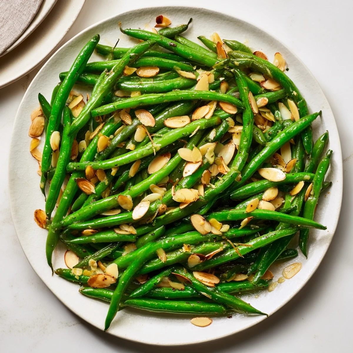 Perfectly cooked sautéed green beans with garlic and almonds, a vegetarian side bursting with flavor and texture.
