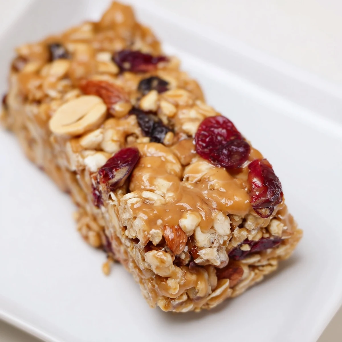 Golden-brown squares of no-bake energy bars, packed with oats, nuts, and fruit for a quick snack.
