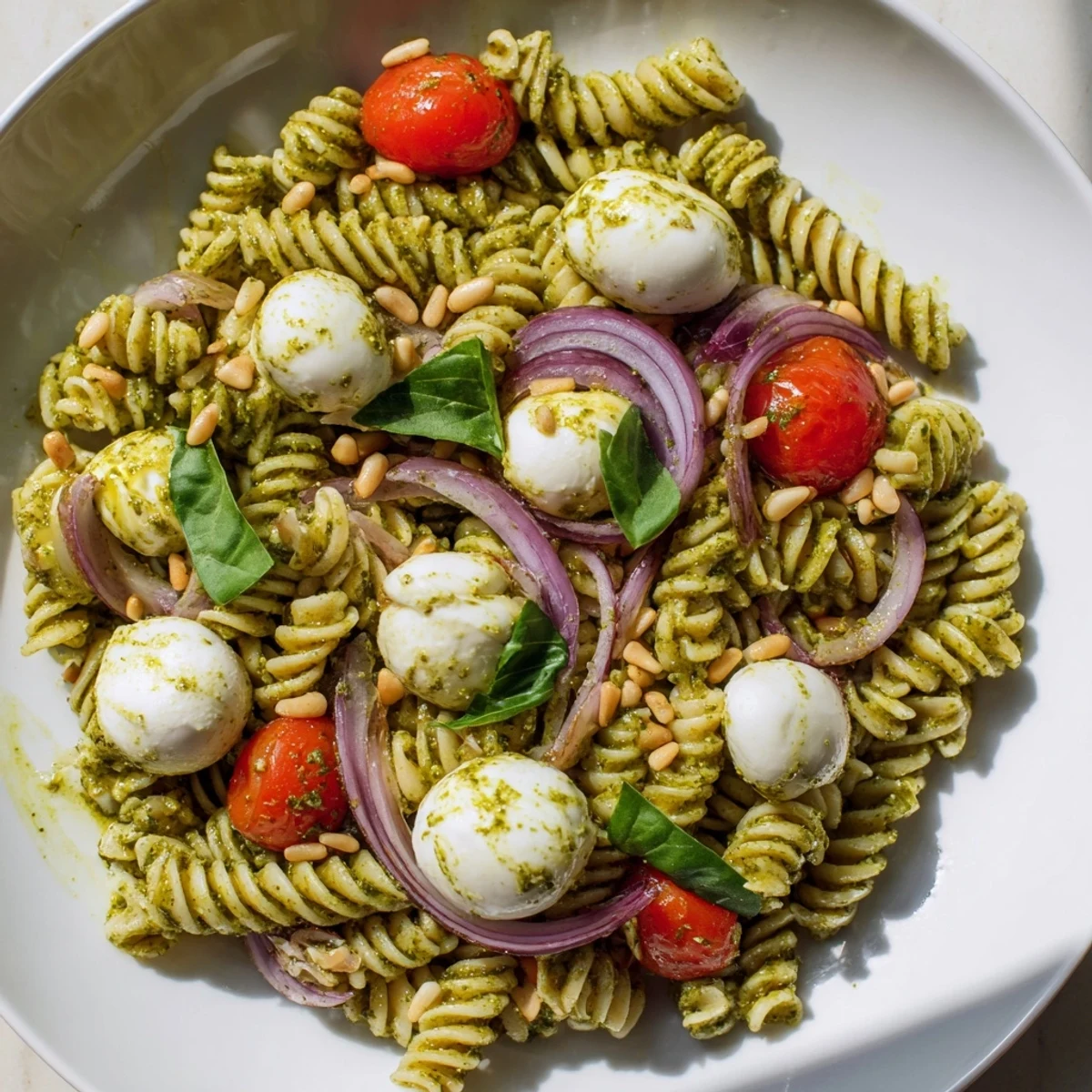 Creamy mozzarella and bright cherry tomatoes tossed in a pesto for this cold pasta salad.