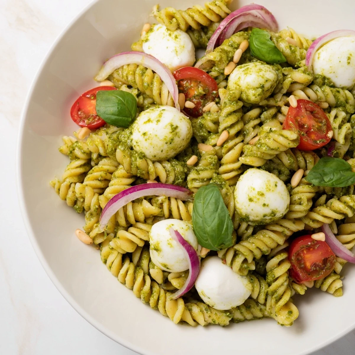 A colorful bowl displays this Italian cold pasta salad; ready for a picnic lunch.