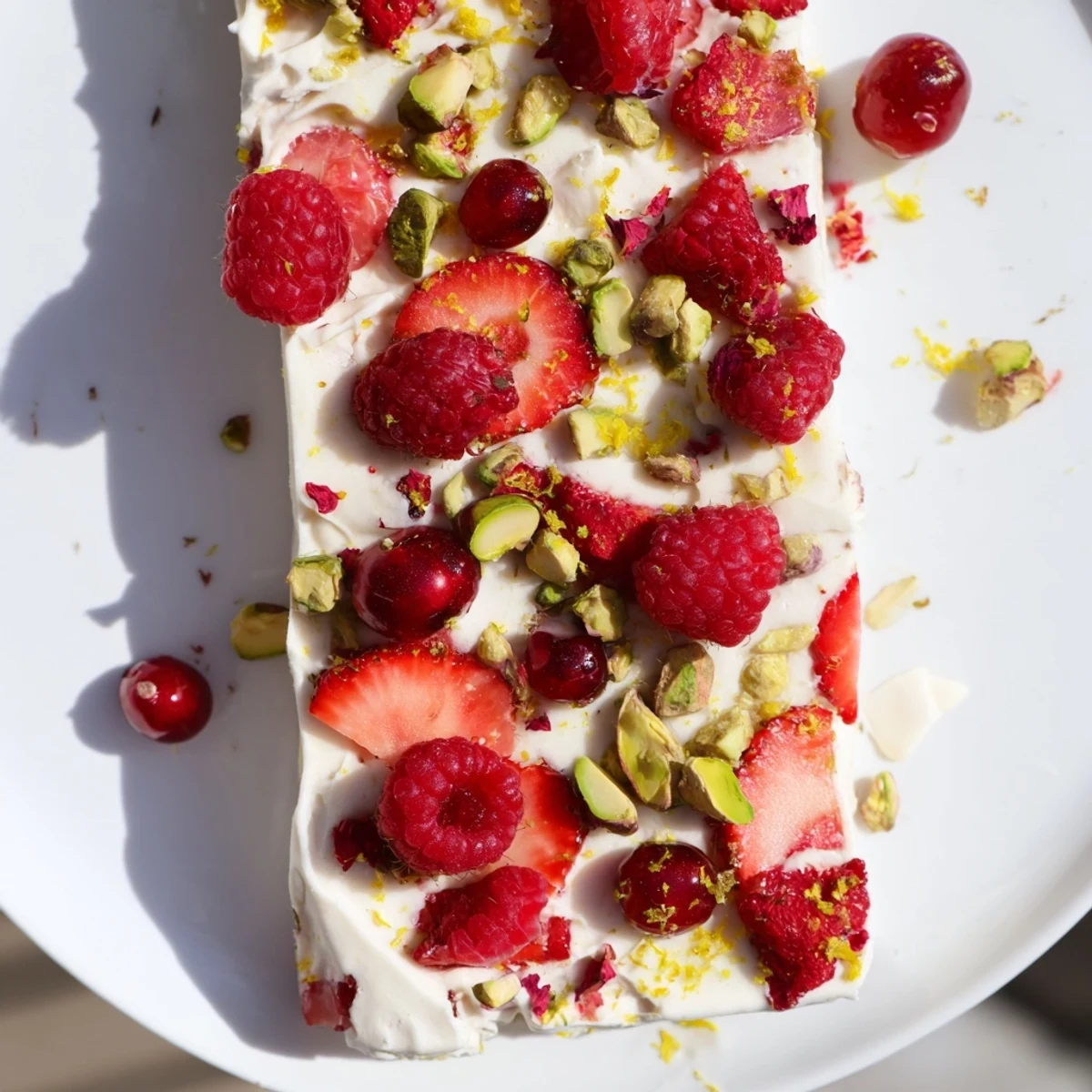 Creamy Frozen Yogurt Bark with red berries, a vibrant and healthy dessert, dotted with fresh fruit.
