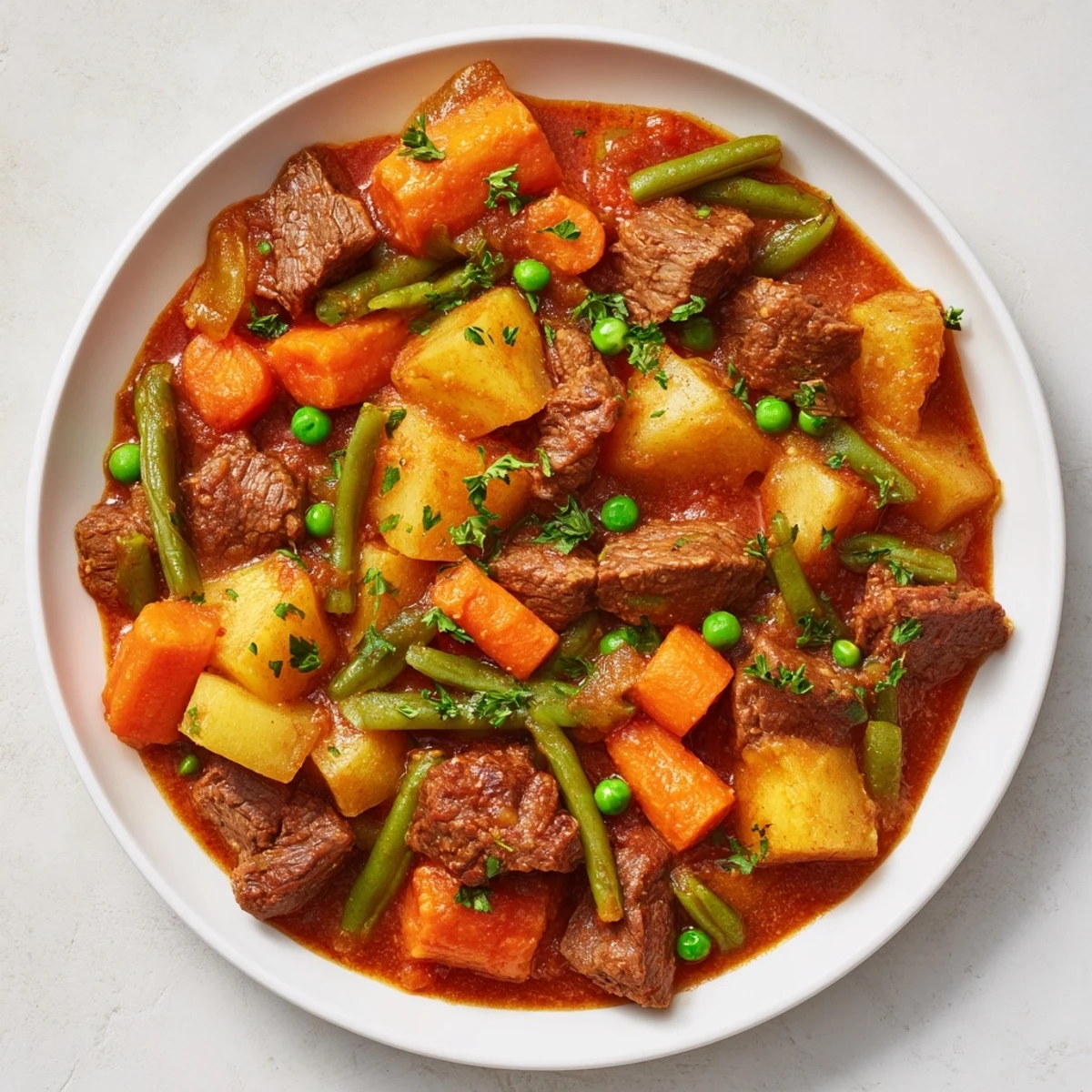 Steaming hot Beef and Vegetable Stew overflowing in a bowl, perfect for a cozy dinner.