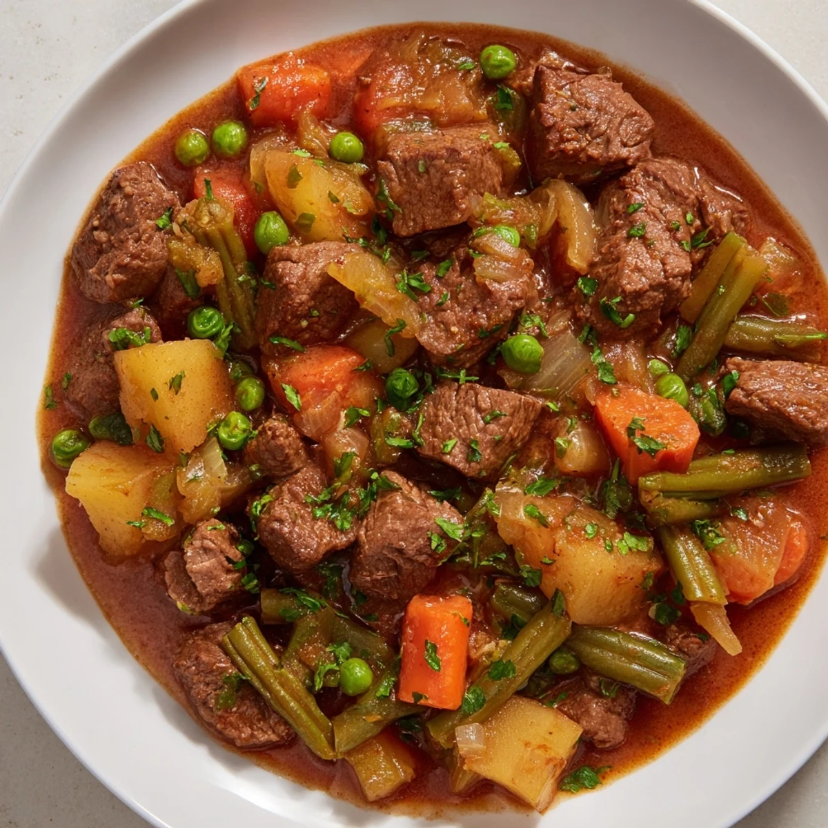 This pressure cooker Beef and Vegetable Stew shows tender beef pieces with vibrant vegetables.