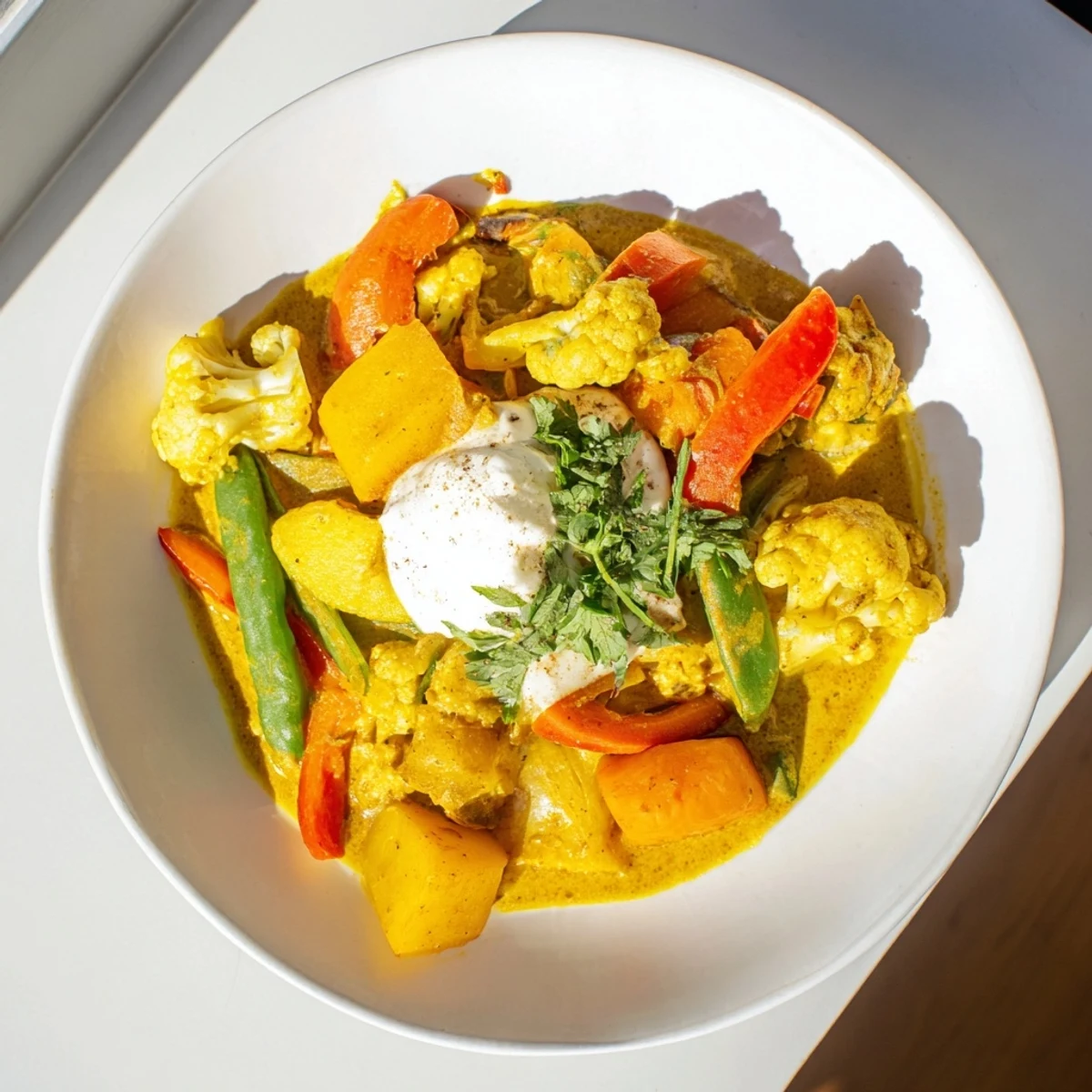 Enjoy this hearty Waste-Free Vegetarian Curry, served with vibrant, fresh cilantro and fluffy rice.