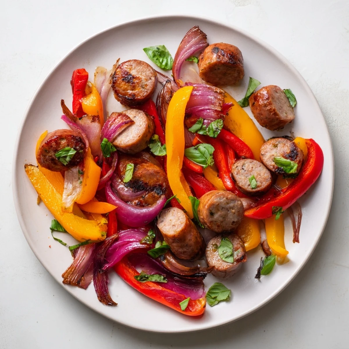Vibrant sheet pan Italian sausage with roasted peppers and onions, a simple, delicious Italian-American dinner.