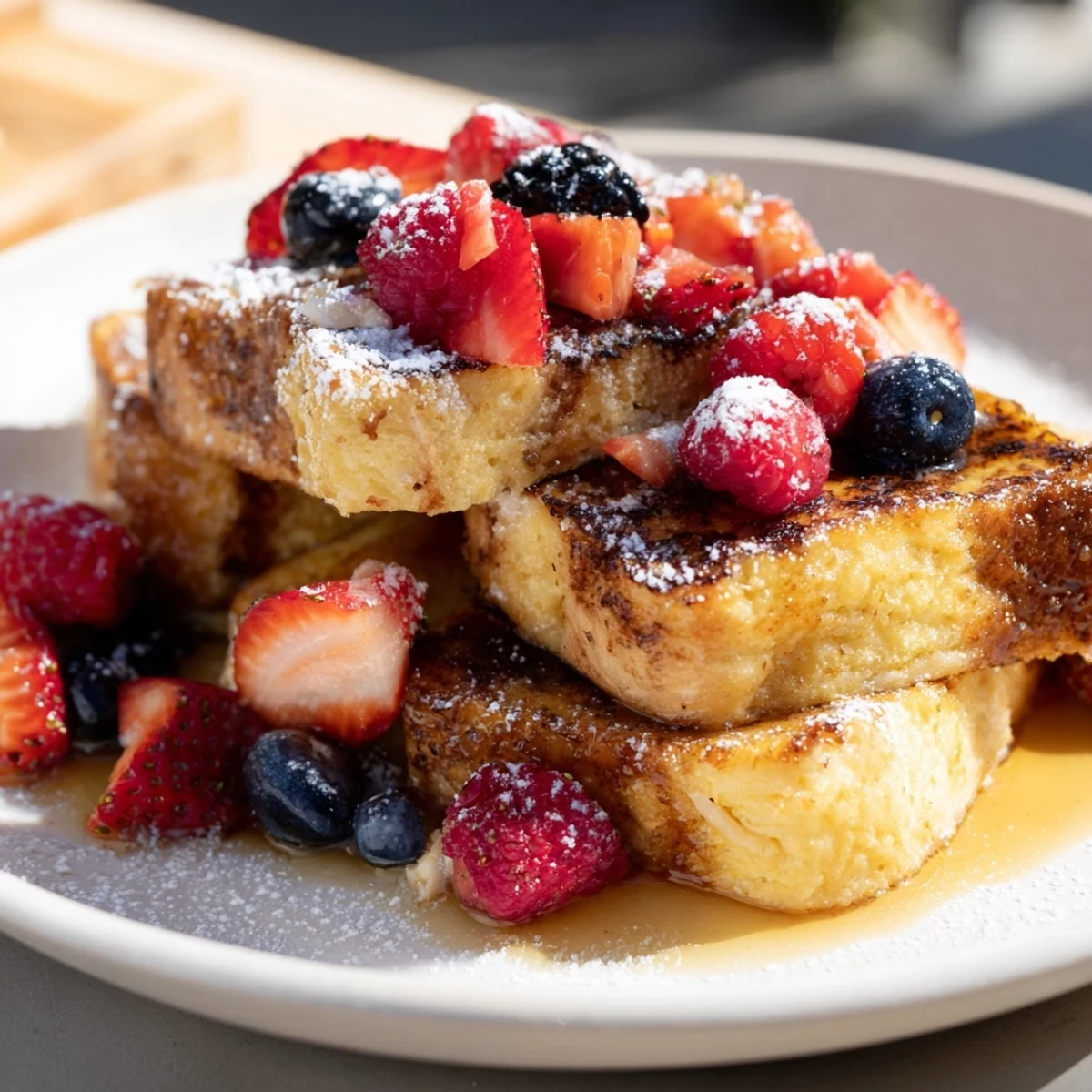 Golden, pan-fried French toast topped with fresh berries, all drizzled with warm maple syrup.