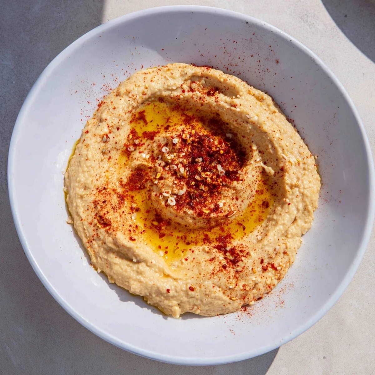 Creamy, homemade hummus swirled with olive oil, ready for dipping with fresh pita bread.