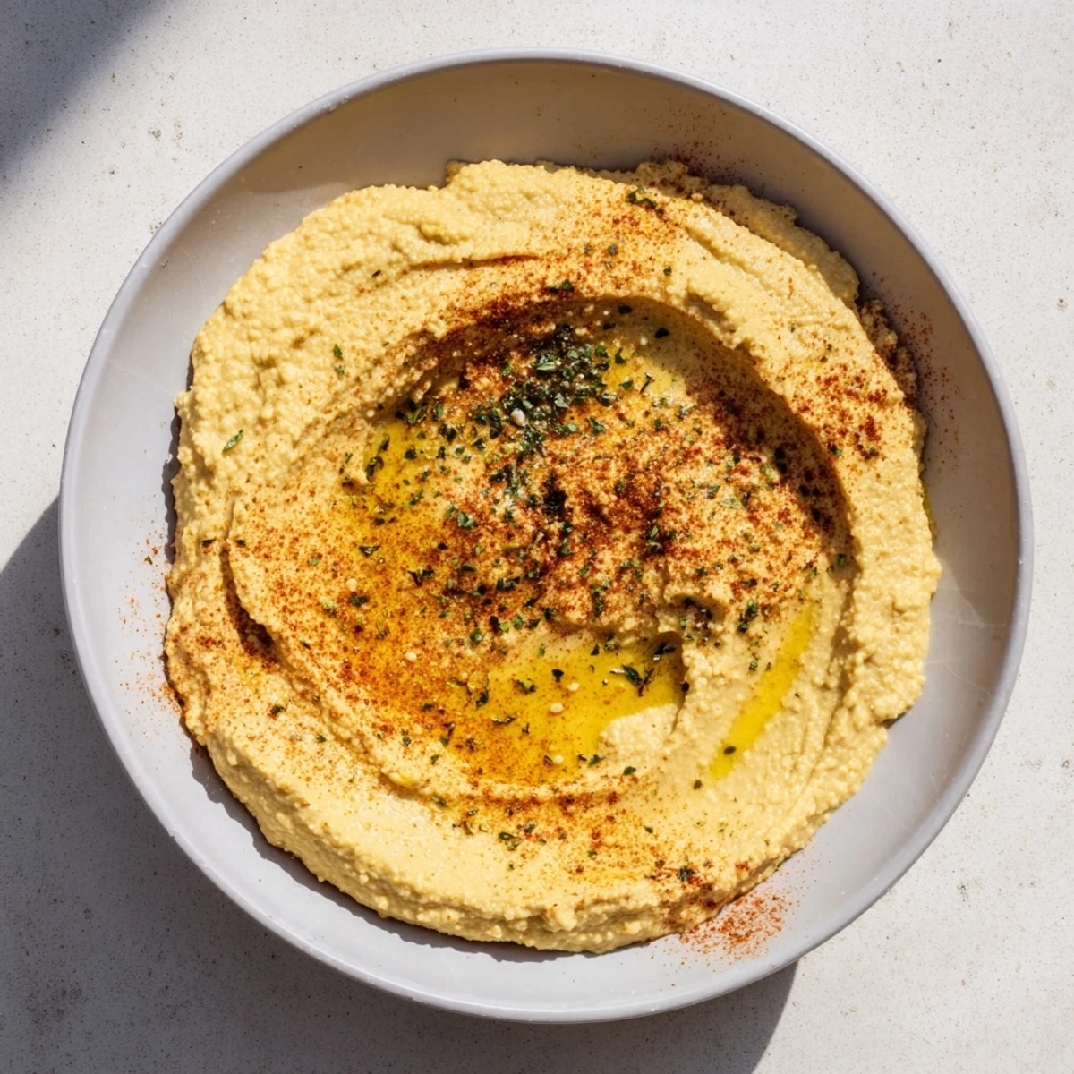 A bowl of vibrant Perfect 5-Minute Homemade Hummus, garnished with paprika before serving with vegetables.