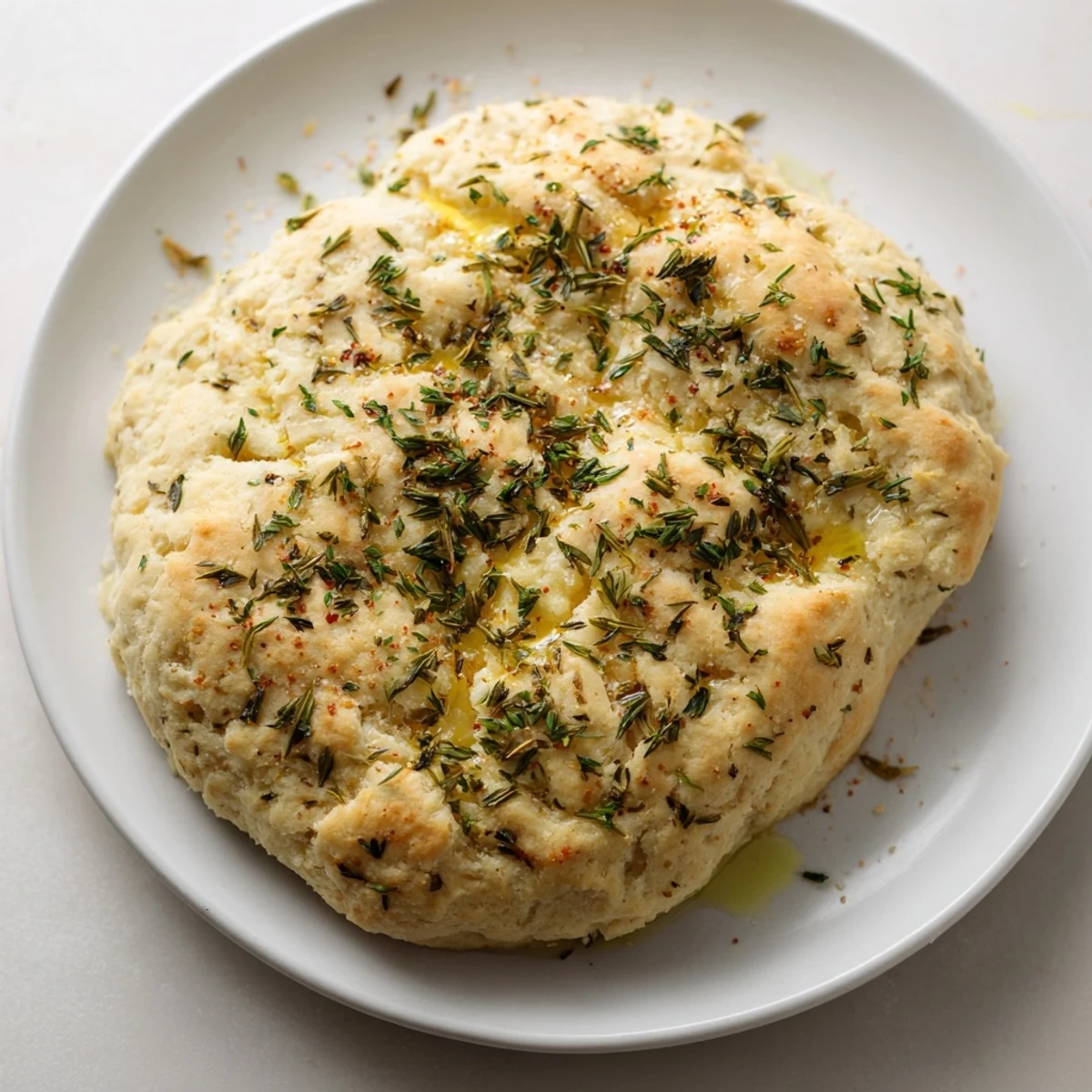 Freshly baked Yeast-Free Garlic and Rosemary Bannock Bread, perfect with soup, smelling of garlic and herbs.