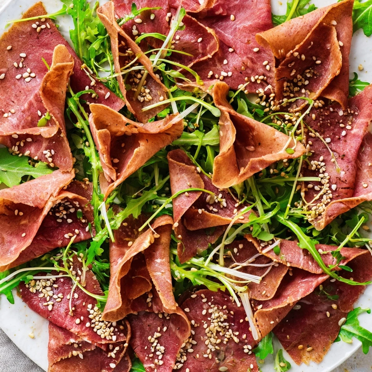 Delicate Origami Fold Beef Appetizer, arranged artfully on a bed of fresh arugula, awaiting a savory bite.