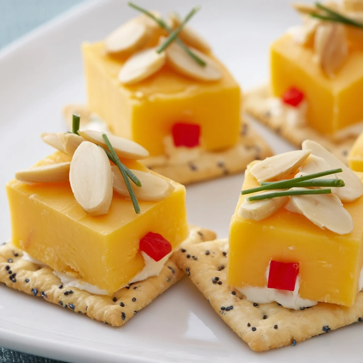 A festive platter displays colorful Alpine Village appetizers, tiny cheese houses with almond roofs.