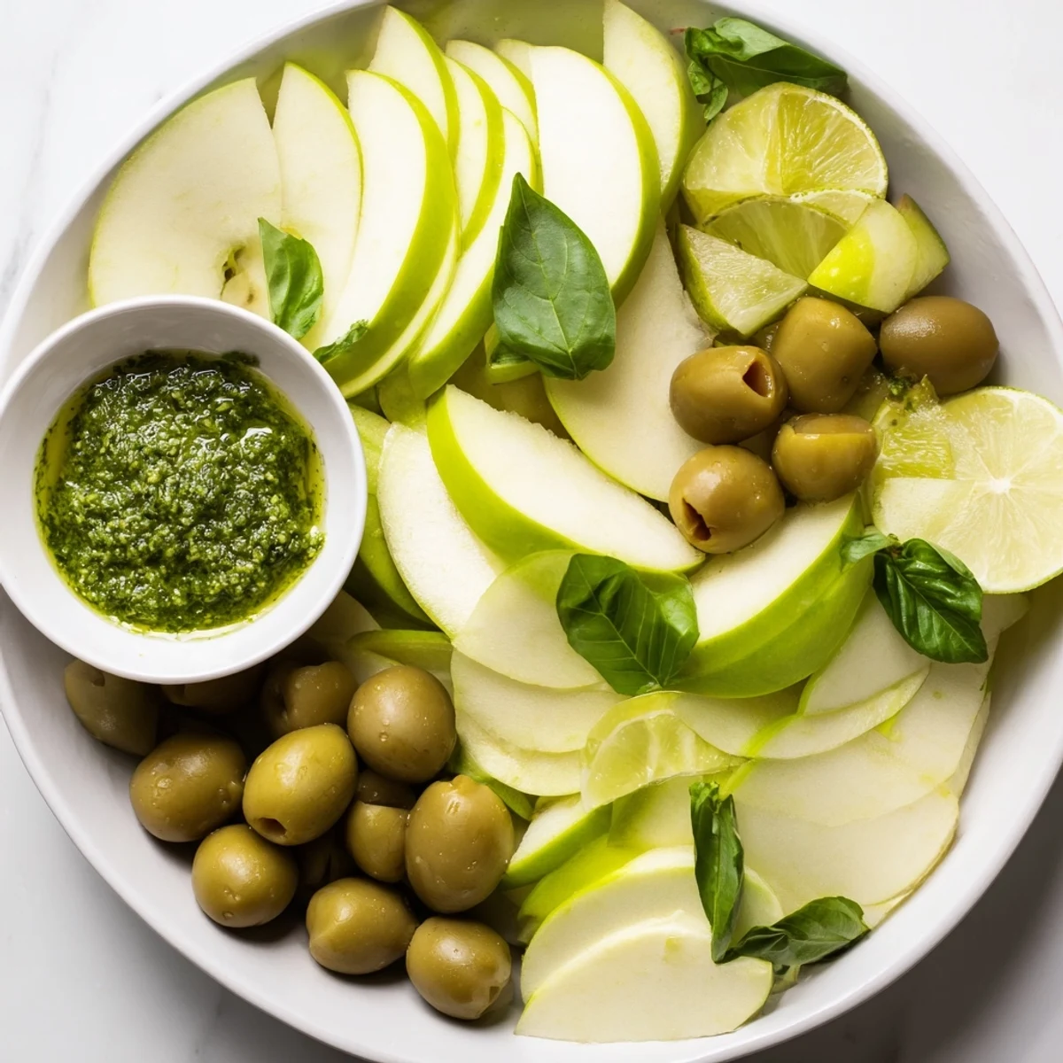 Vibrant The Emerald City snack board: sliced green apples, pesto dip, and green olives look inviting.