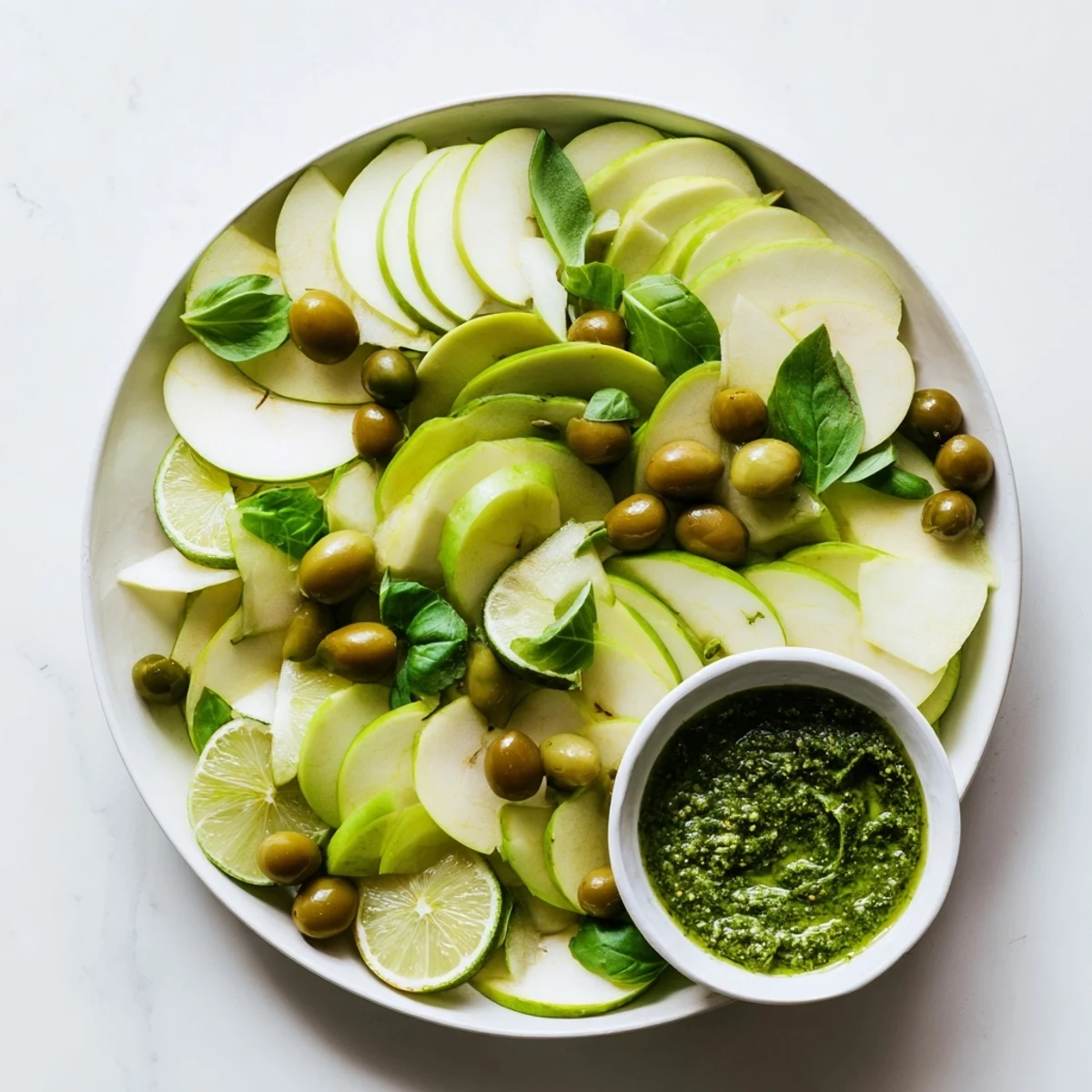 Prepare The Emerald City snack board: a stunning appetizer with crisp apples, pesto, and green olives ready to savor.