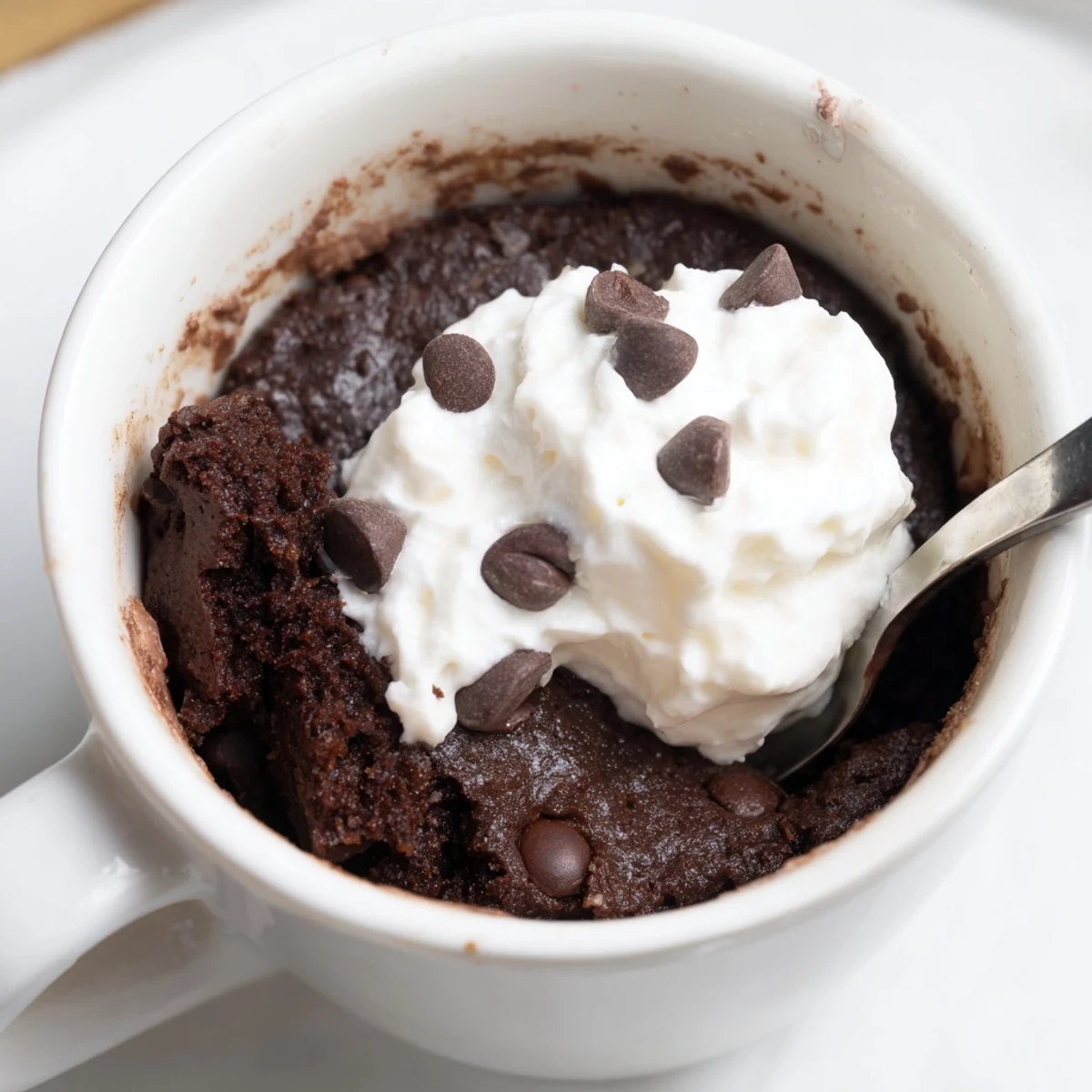 Steaming hot chocolate mug cake topped with whipped cream, ready for a delicious dessert.