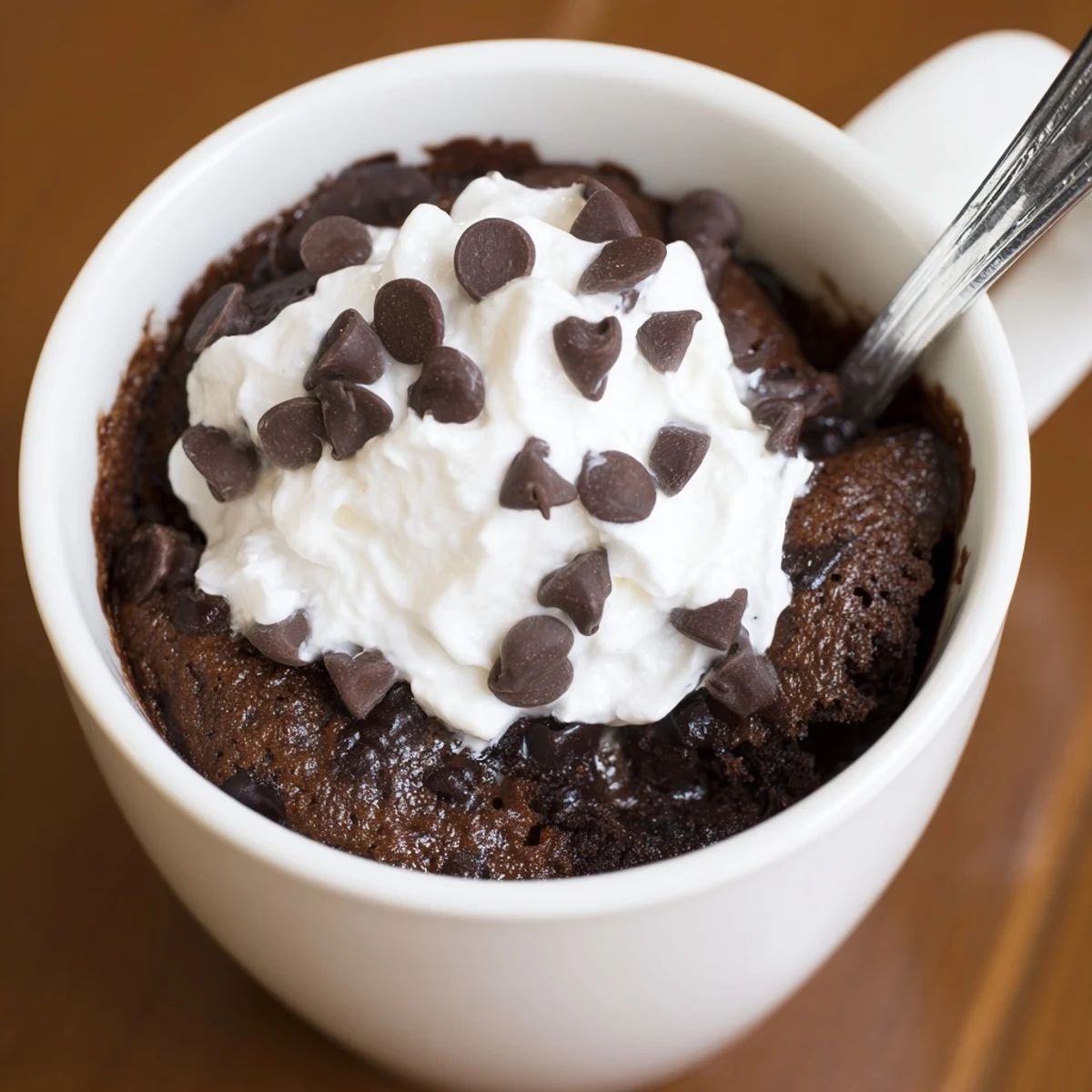 A close-up of a perfectly cooked chocolate mug cake, showcasing its moist texture.
