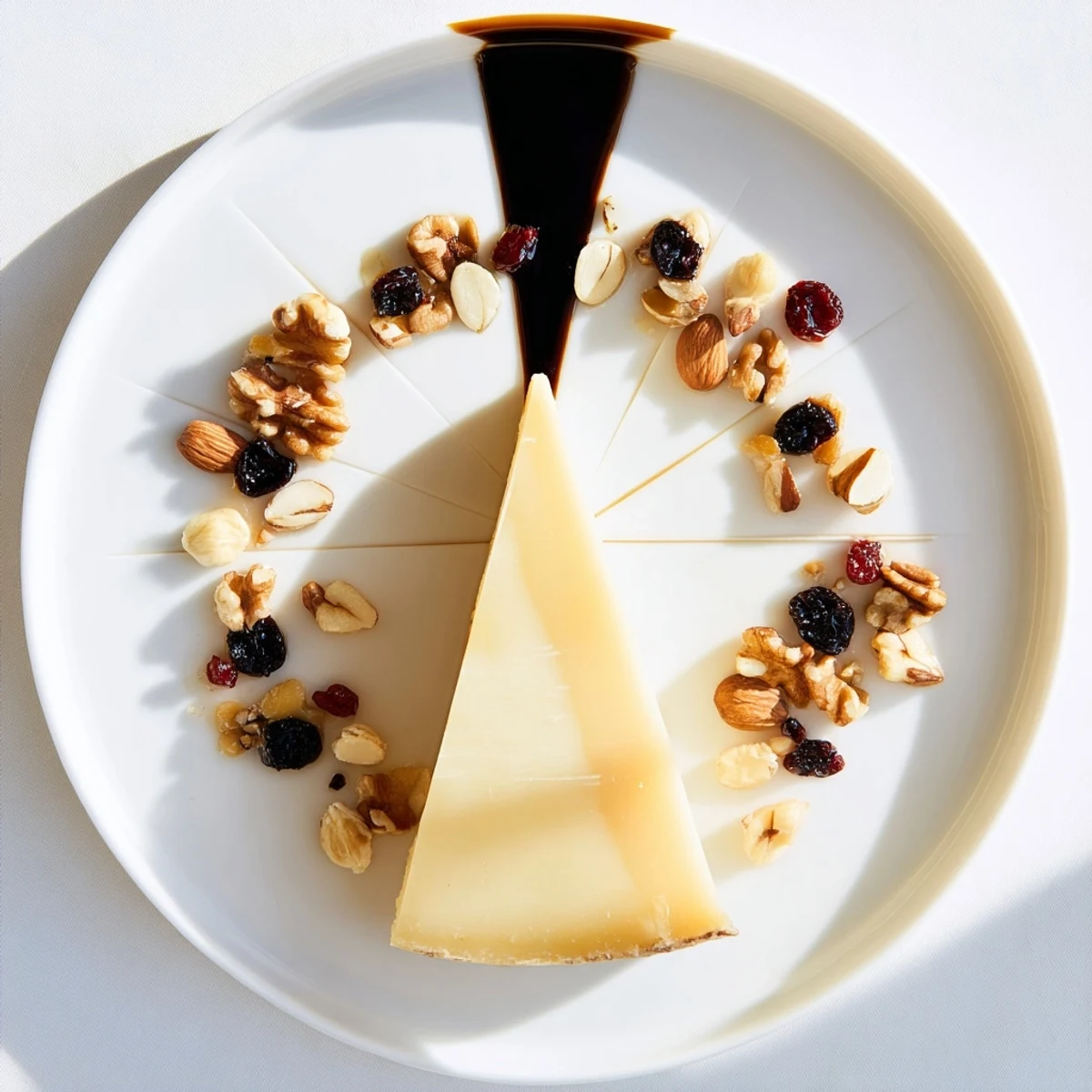 Artistic cheese sundial platter with balsamic shadow and nut-hour markers, perfect appetizer.