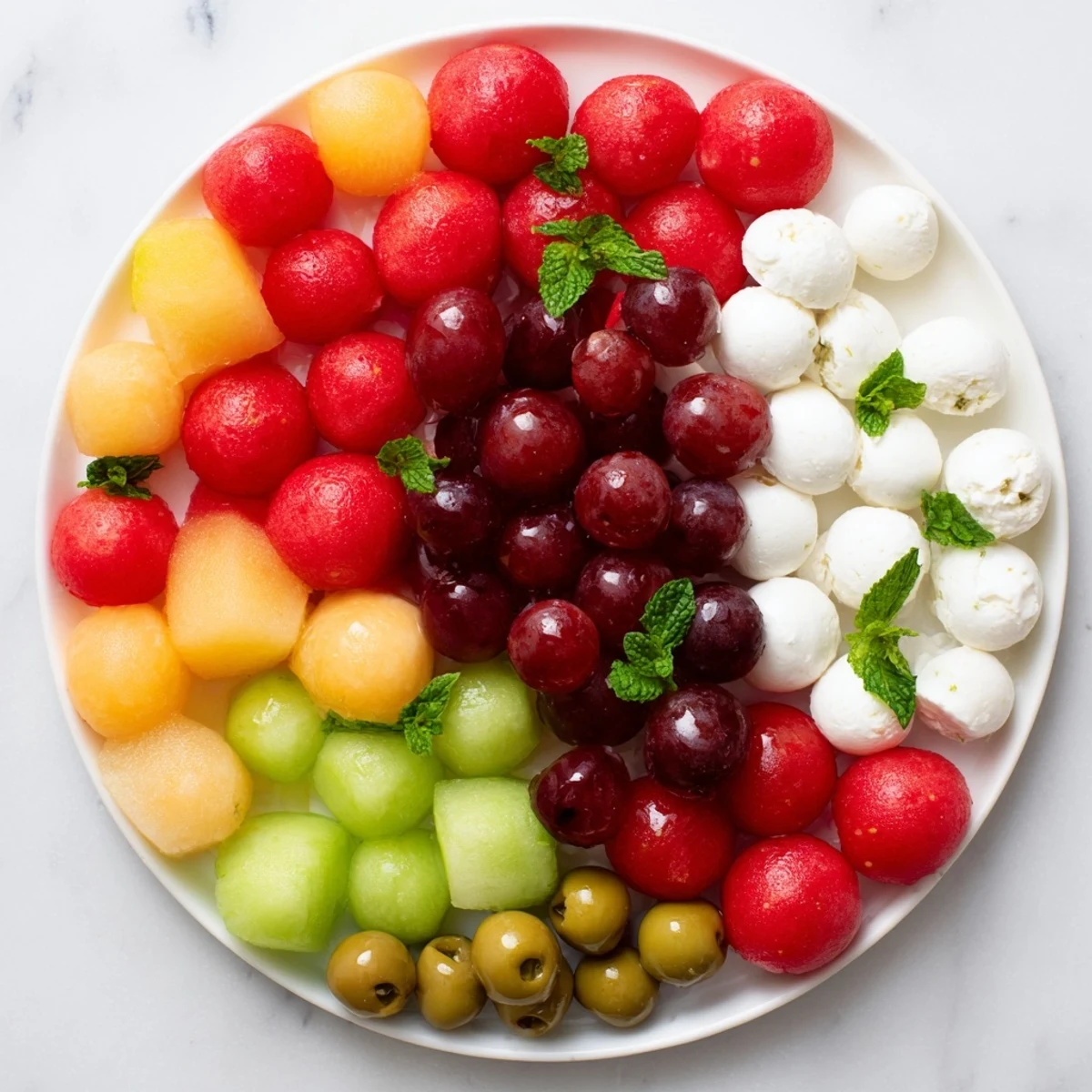 Vibrant polka dot platter appetizer: melon, grapes, cheeses, and olives, ready to serve and enjoy.