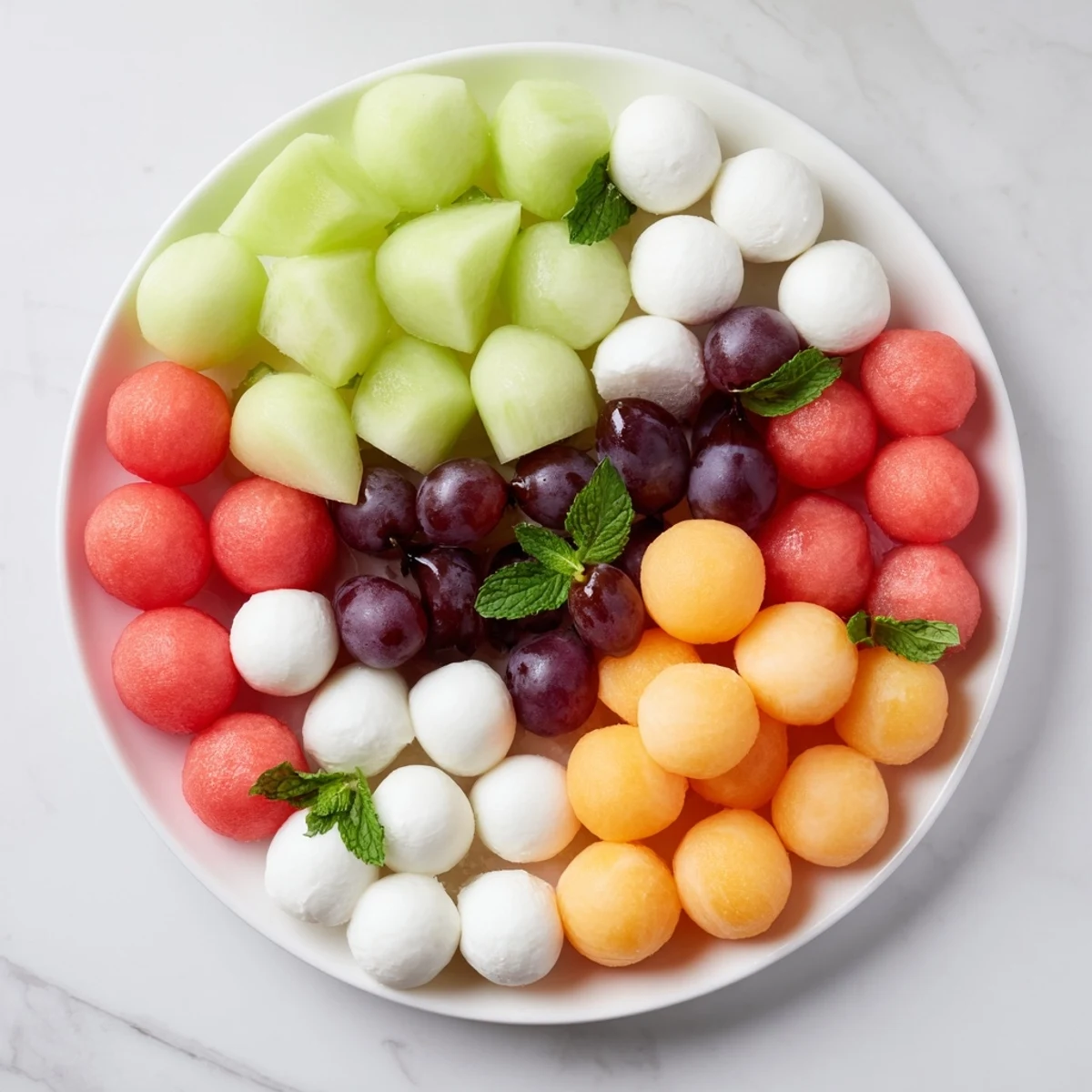 A colorful polka dot platter, with mozzarella, melon balls & olive spheres, perfect for your party.