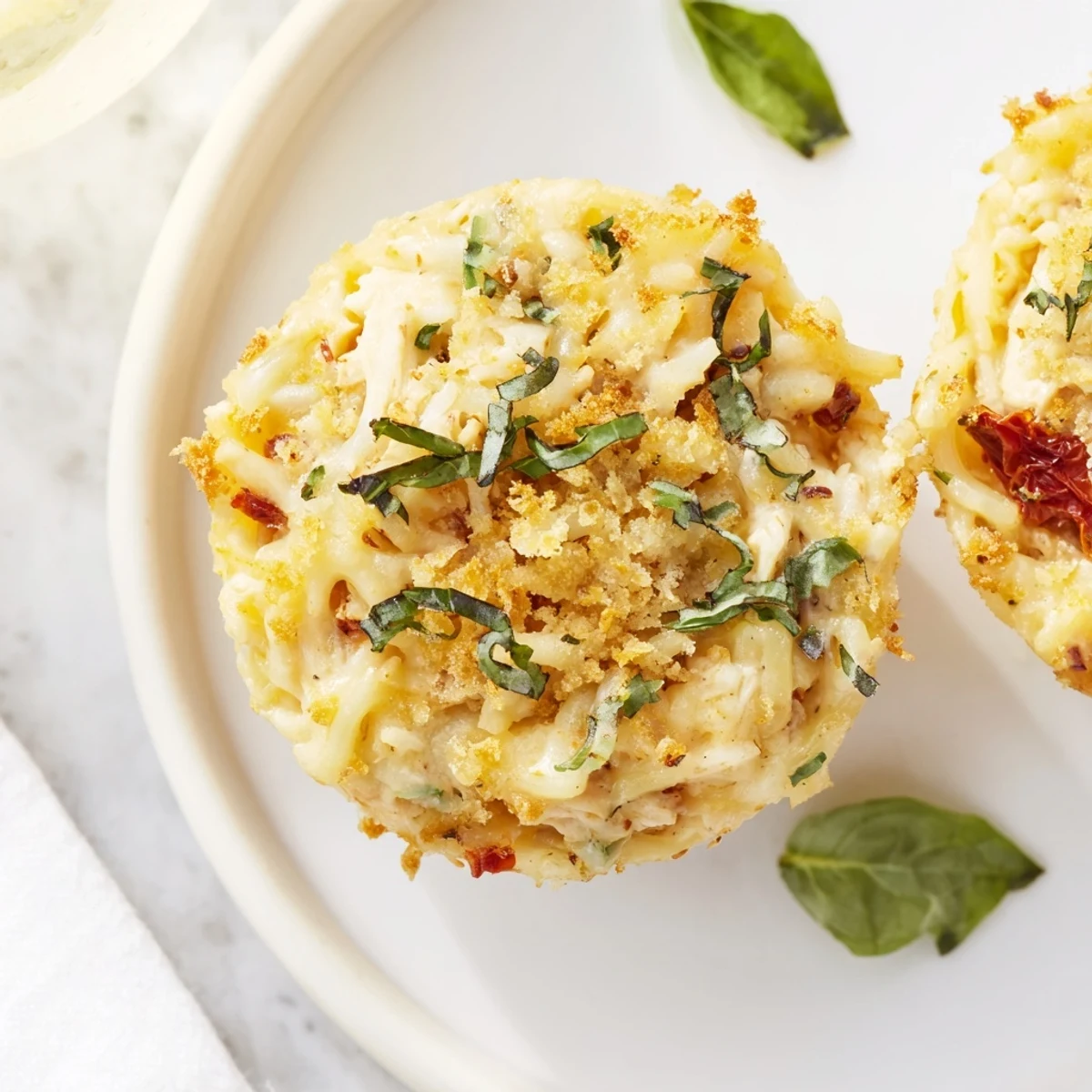 Creamy textured Marry Me Chicken Sushi Bake Cups baked to perfection, garnished with fresh basil for a bright touch.