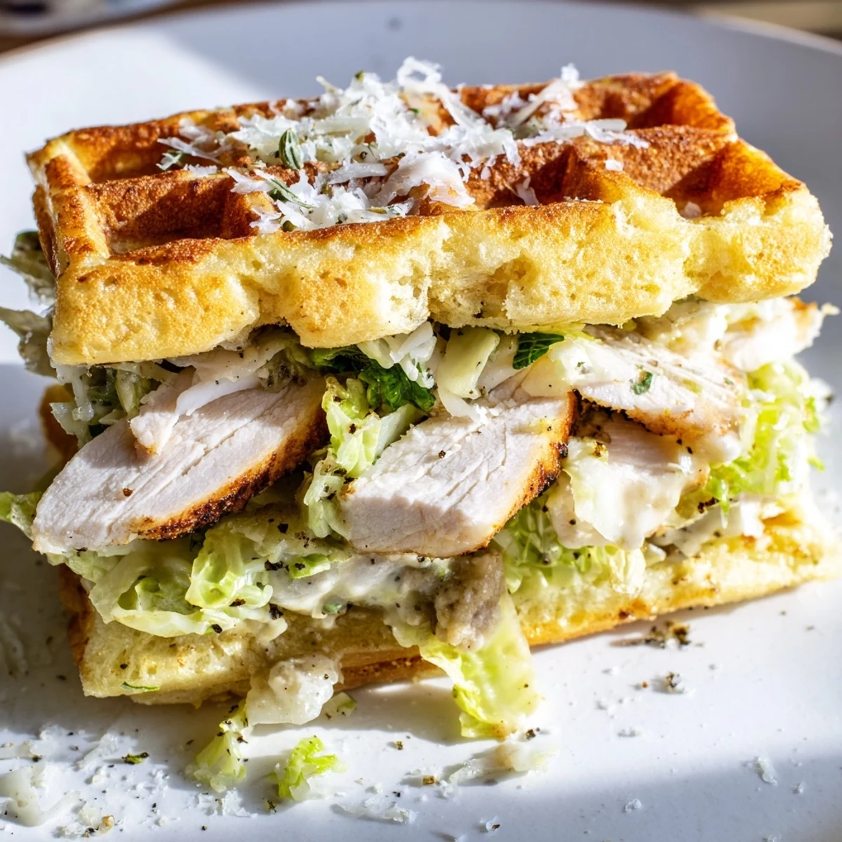 Golden-brown Chicken Caesar Waffle Sandwich, a fun lunch idea with grilled chicken and crisp romaine.