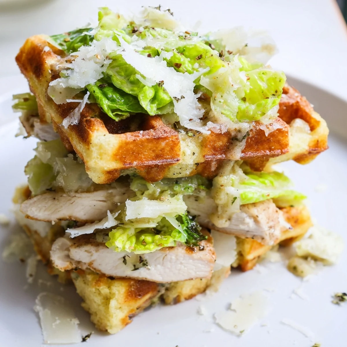 Savory stuffing waffles encase a delicious Chicken Caesar Waffle Sandwich, ready for you to eat!