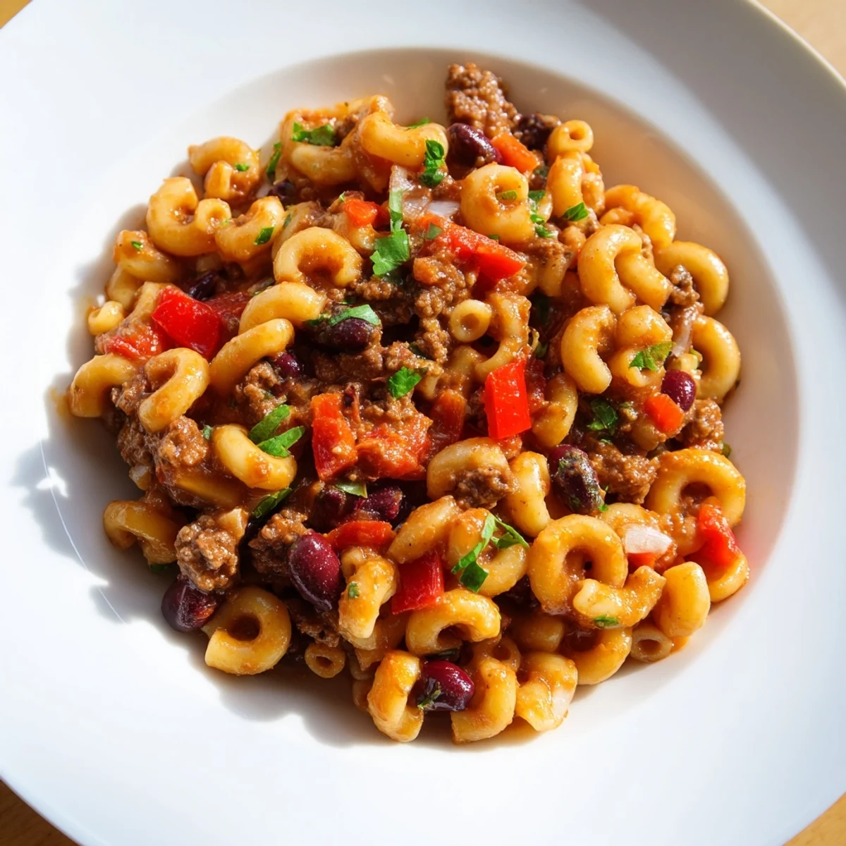One-Pot Ditalini with Hot Cocoa Chili, a hearty, steaming bowl garnished with fresh cilantro.