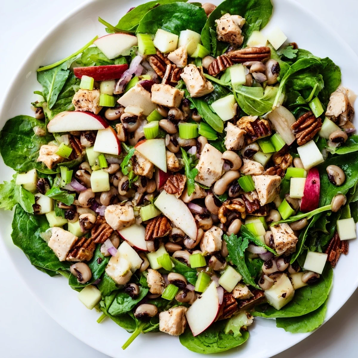 Chicken and Apple New Years Luck Salad, bursting with colorful apples, chicken, and a tangy dressing.