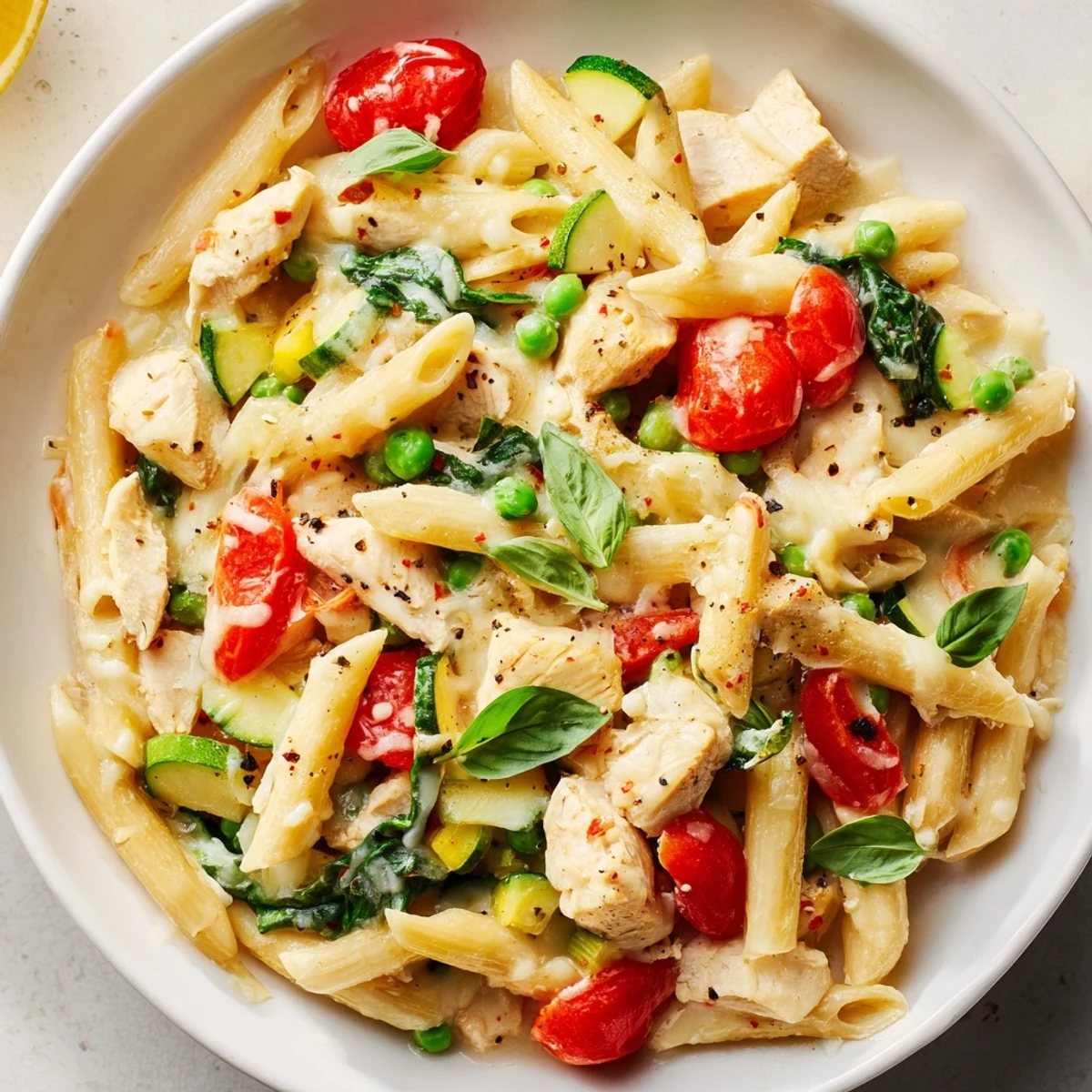 A close-up of The Last Bite Chicken Pasta, a creamy, comforting pasta dish with fresh basil.