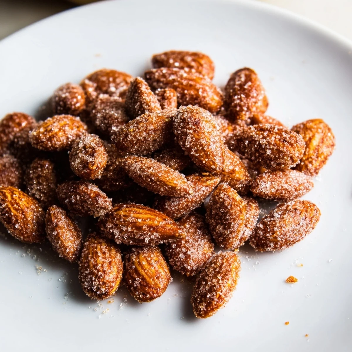 Golden cinnamon roasted almonds, offering a sweet and crunchy snack, ready to enjoy.