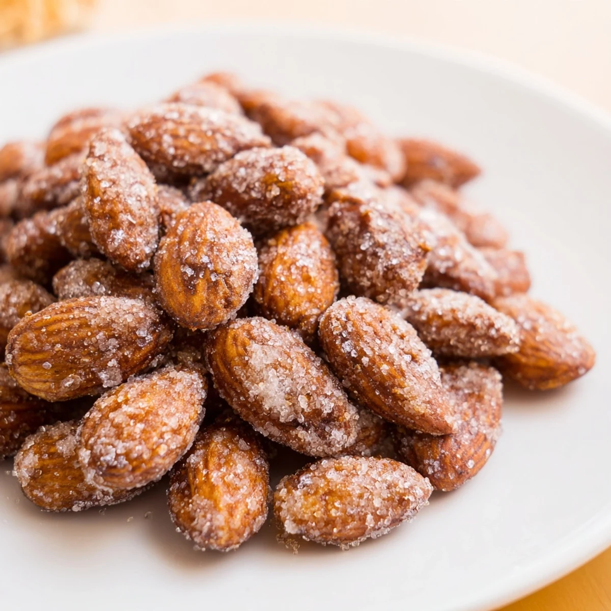 Sugar-coated cinnamon roasted almonds, with a delightful crunch, ready for sharing and serving.