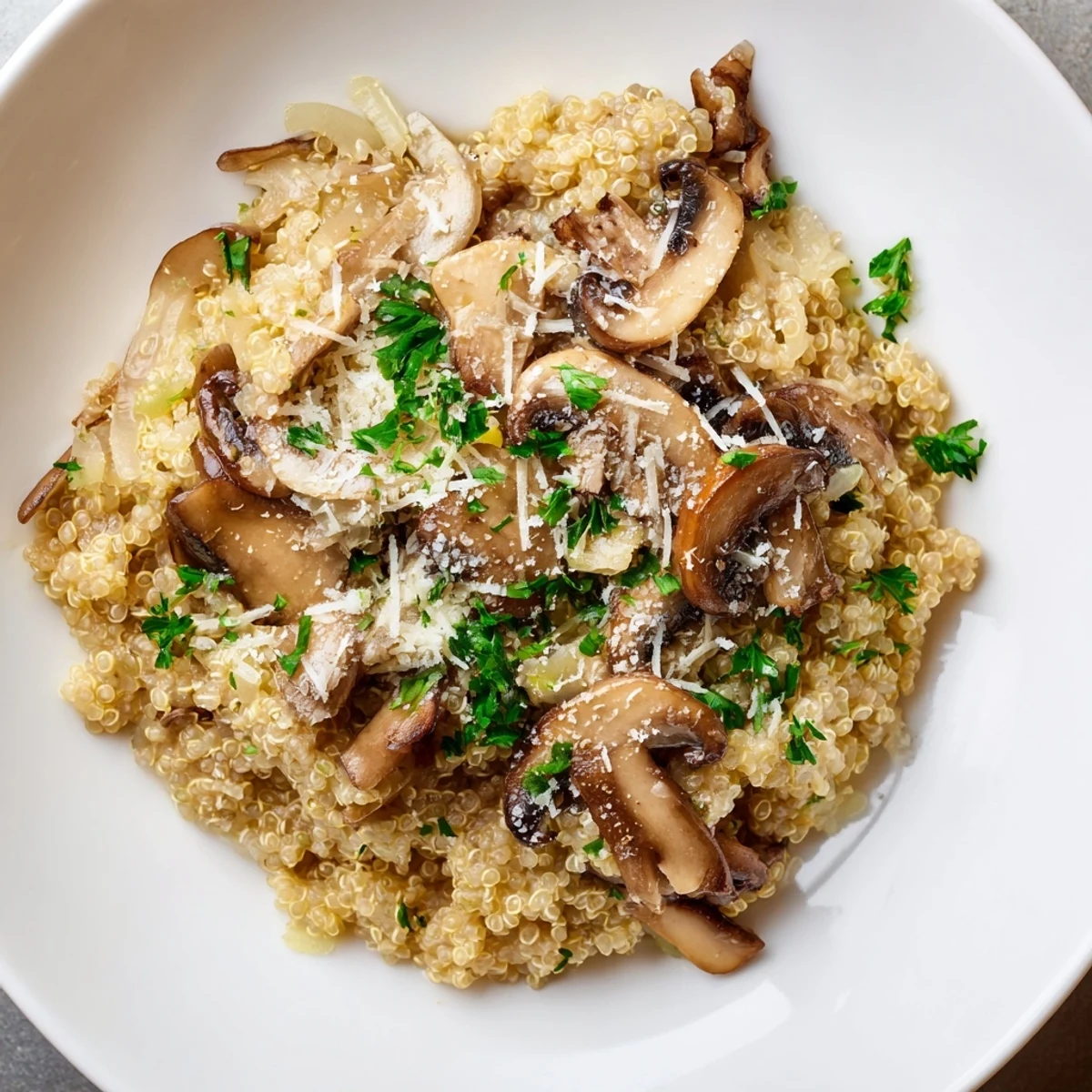 Creamy Mushroom Quinoa Risotto, visually appealing, garnished with fresh parsley and Parmesan cheese.