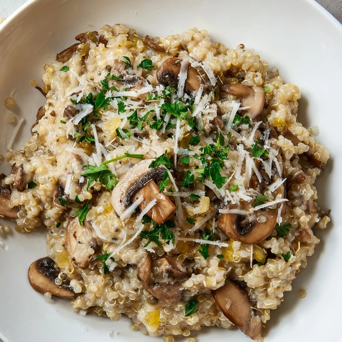 A steaming bowl of Mushroom Quinoa Risotto, savory and rich, perfect for a cozy dinner.
