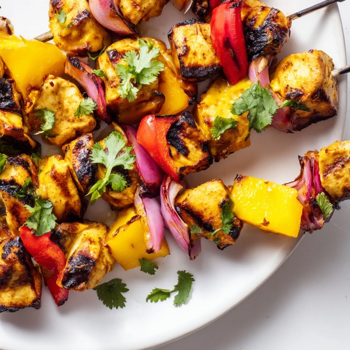 Juicy Mango Lime Chicken Skewers, grilled to perfection, offer a taste of summer with vibrant color.