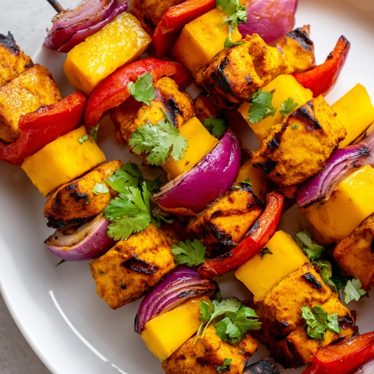 Golden-brown Mango Lime Chicken Skewers on the grill, a delicious blend of sweet, savory, and aromatic spices.