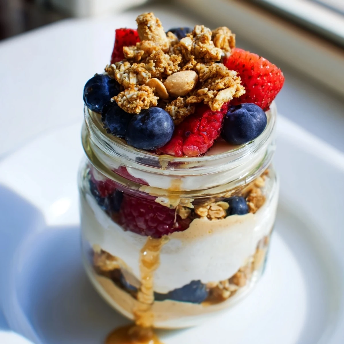 Creamy cashew butter yogurt parfait layered with berries and granola, a delightful breakfast.
