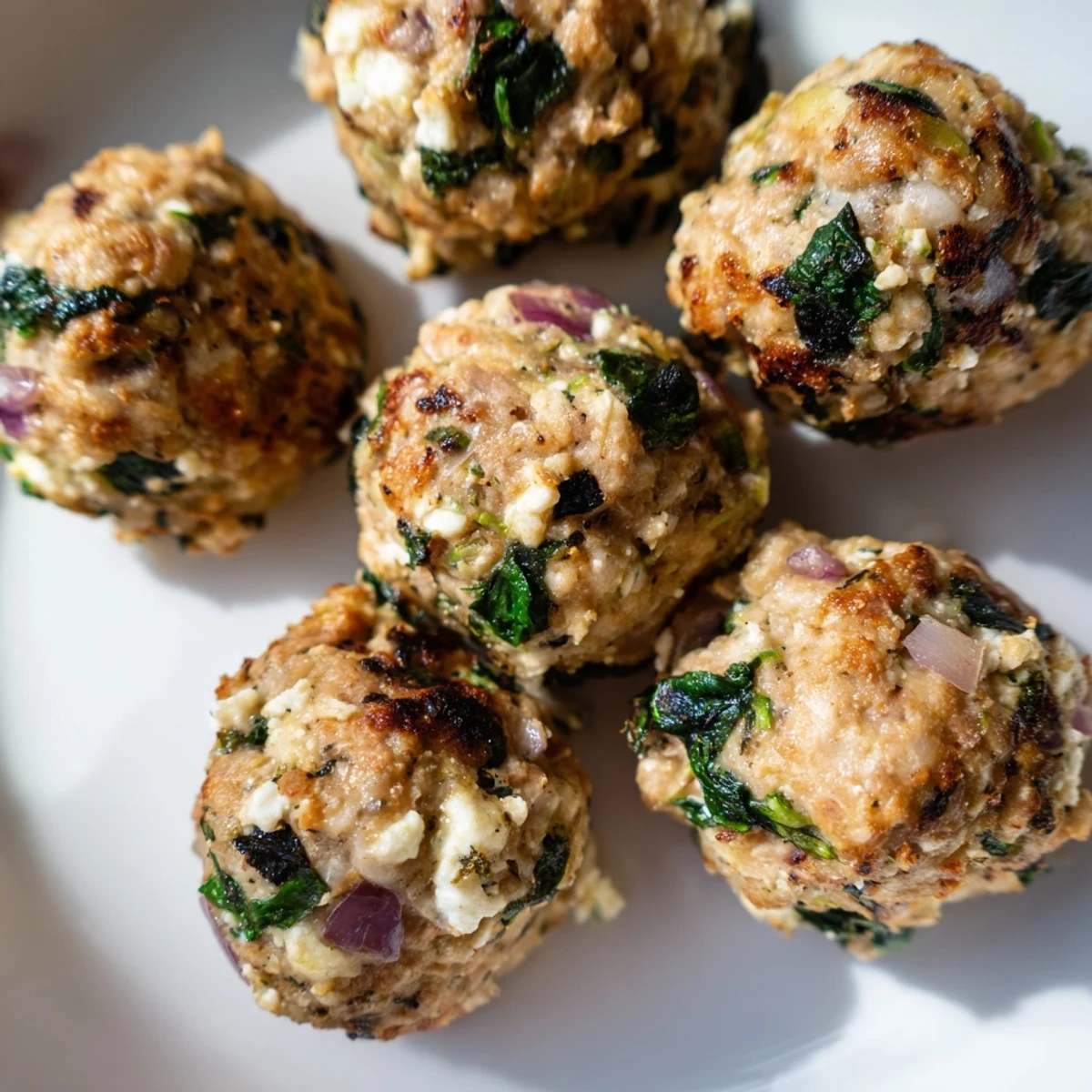 Golden-brown Spinach Feta Turkey Meatballs, served hot with fresh parsley, perfect for dinner.