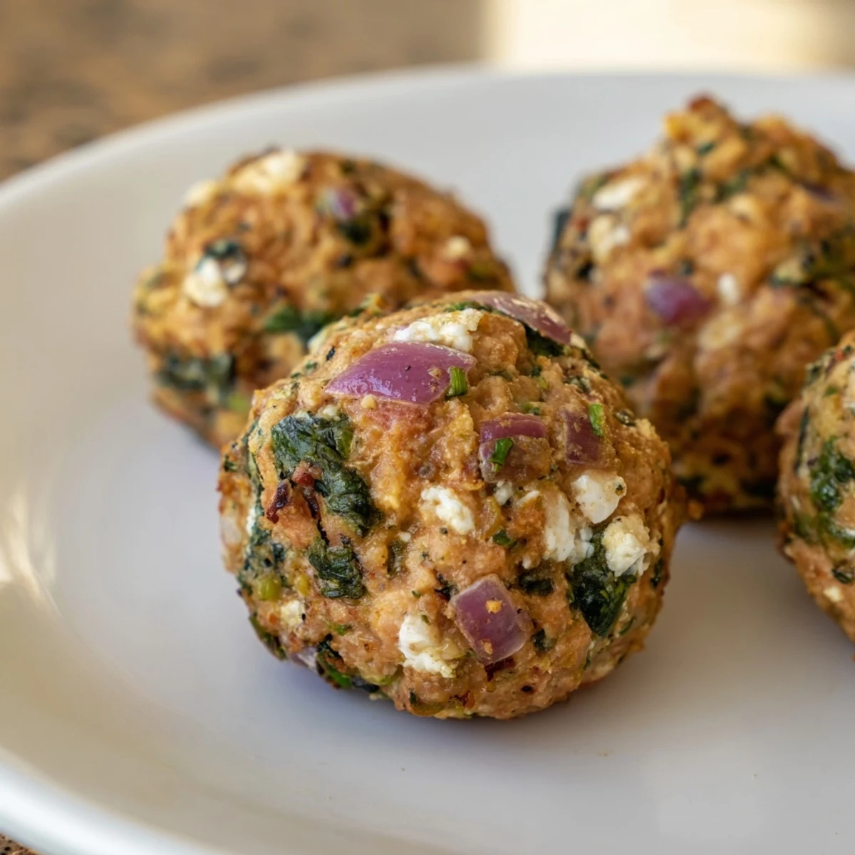 Close-up of baked Spinach Feta Turkey Meatballs, juicy and flavorful, ready to be enjoyed as a main course.